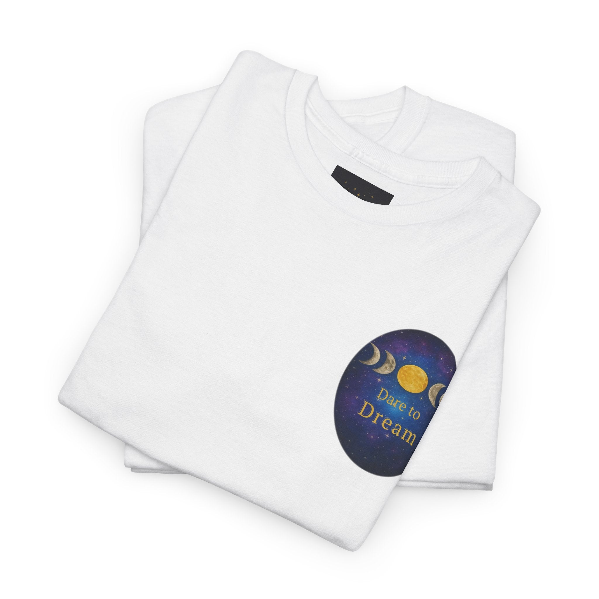 Dare to Dream Moon-Phase Tee – Golden Full Moon Back Print + Front Badge | Gildan 5000 Heavy Cotton, Inspirational and Motivational Apparel, Gift for Dreamers, Creative Expression Wear