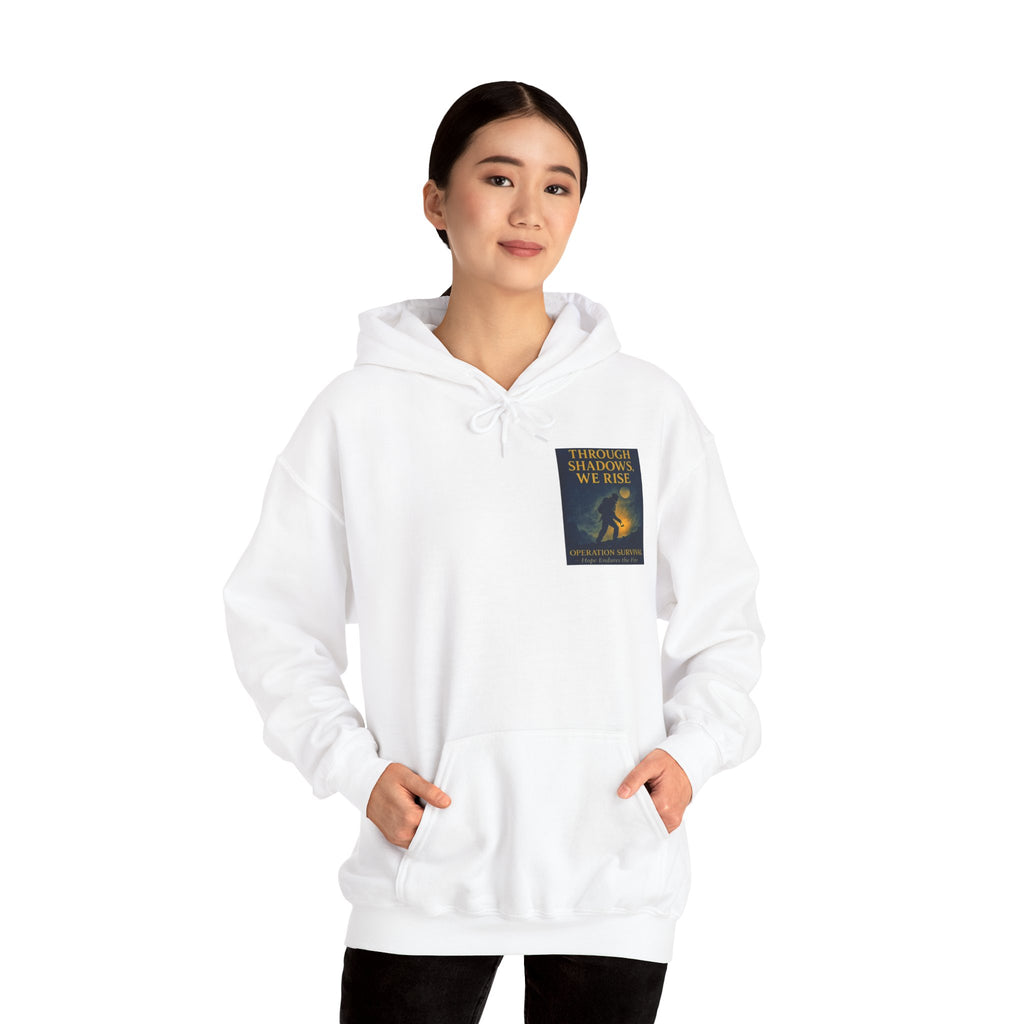 Through Shadows, We Rise – Back-print Cinematic Artwork Operation Survival Hoodie  | Gildan Heavy Blend™ 18500 — Inspirational and Motivational Apparel, Gift for Dreamers, Creative Expression Wear