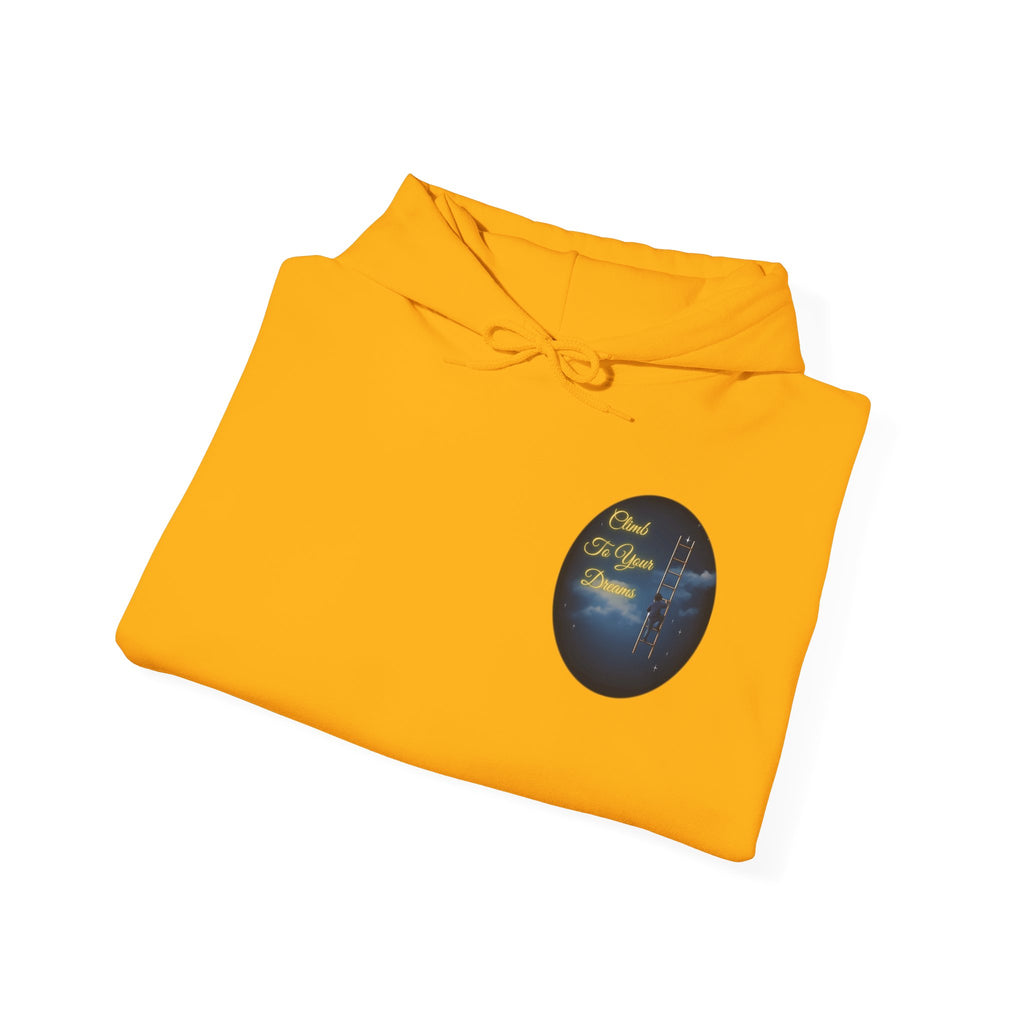 Climb To Your Dreams – Starry Night Ladder-to-Moon Back-Print Hoodie + Front Badge | Gildan 18500, Inspirational and Motivational Apparel, Gift for Dreamers, Creative Expression Wear