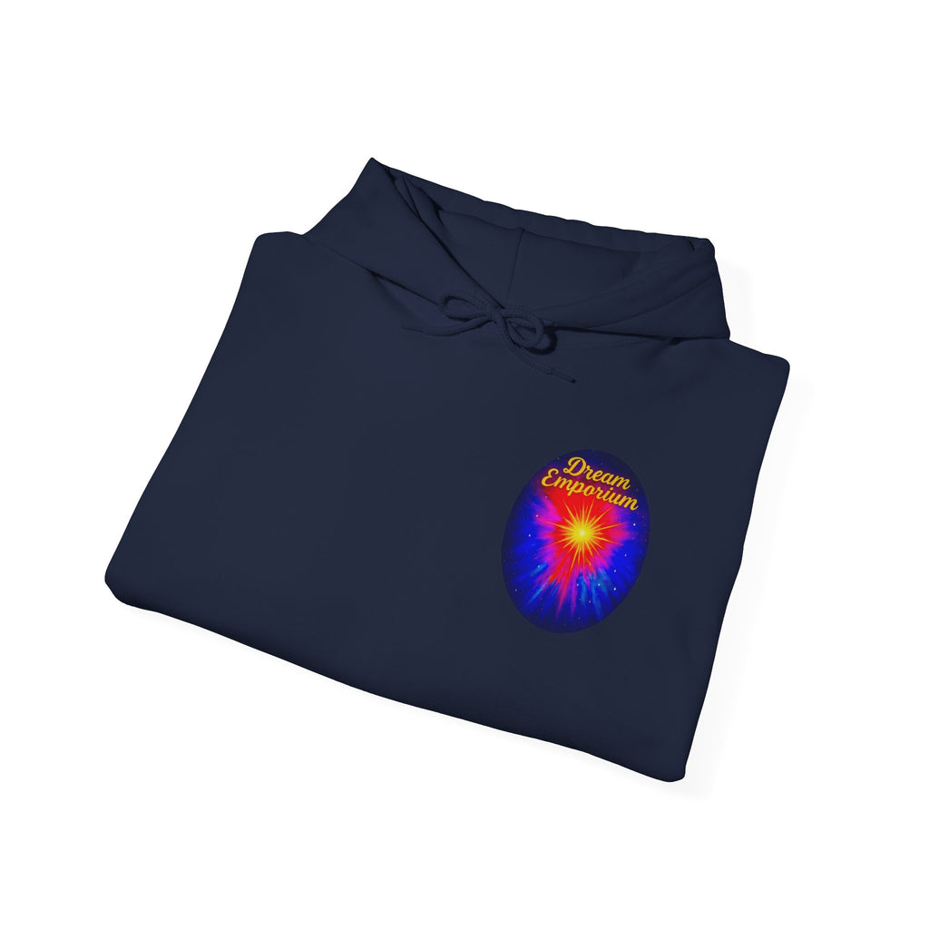 Dream Emporium – Back Printed Radiant Starburst Heavy Blend™ Hooded Sweatshirt, Inspirational and Motivational Apparel, Gift for Dreamers, Creative Expression Wear