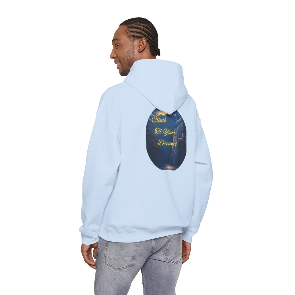 Climb To Your Dreams - Mountain Sunrise Hoodie | Back Glow Print + Front Badge | Heavy Blend™, Inspirational and Motivational Apparel, Gift for Dreamers, Creative Expression Wear
