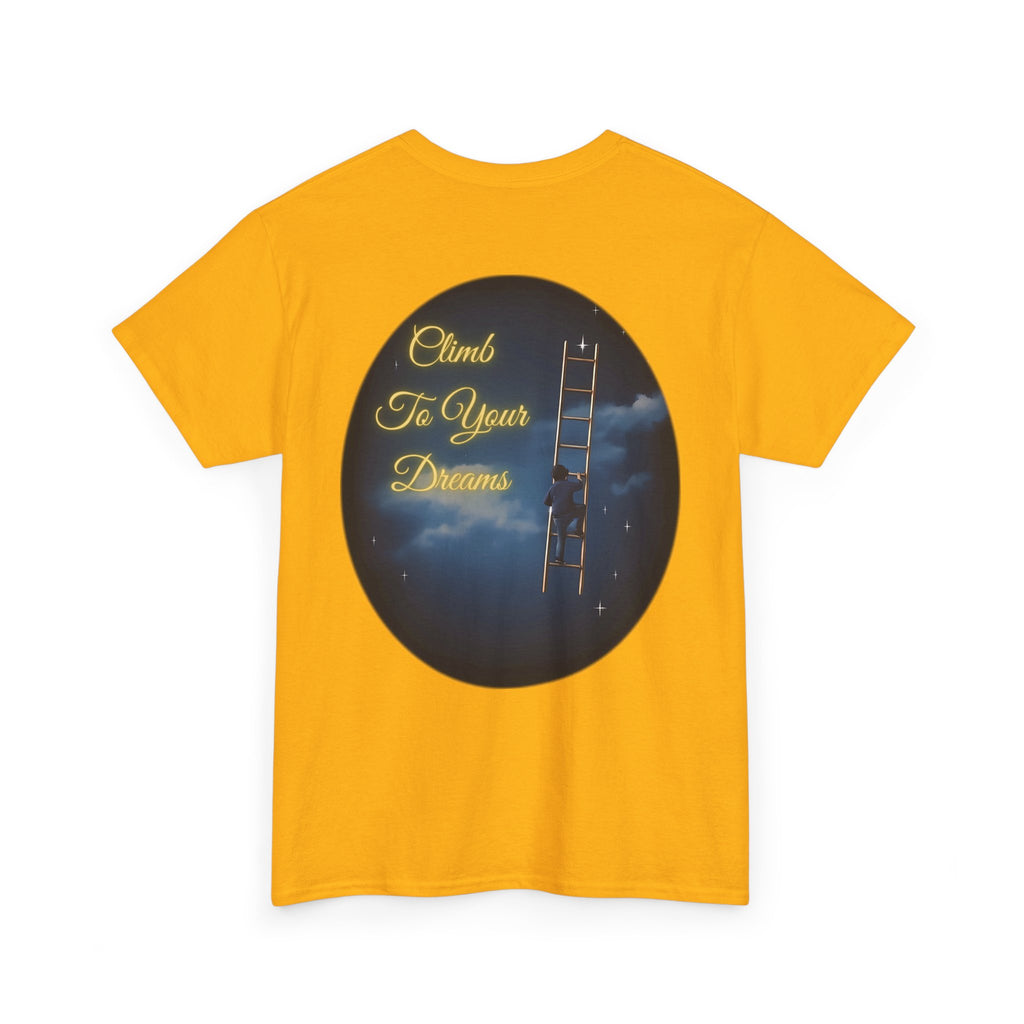 Climb To Your Dreams – Starry Night Ladder Back-Print Tee + Front Badge | Gildan 5000, Inspirational and Motivational Apparel, Gift for Dreamers, Creative Expression Wear