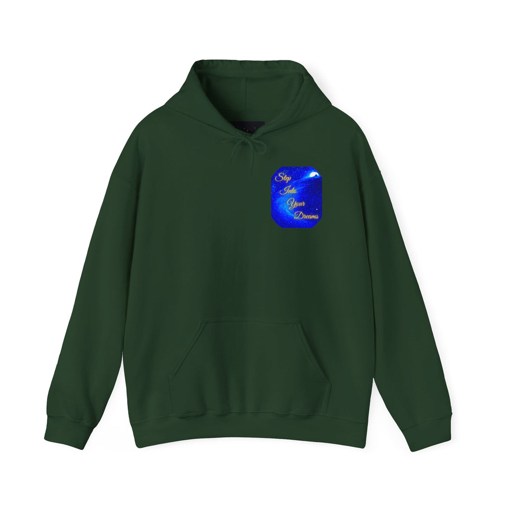 Step Into Your Dreams – Cosmic Gateway Back-print Hoodie | Tiny front badge | Gildan Heavy Blend™. Inspirational and Motivational Apparel, Gift for Dreamers, Creative Expression