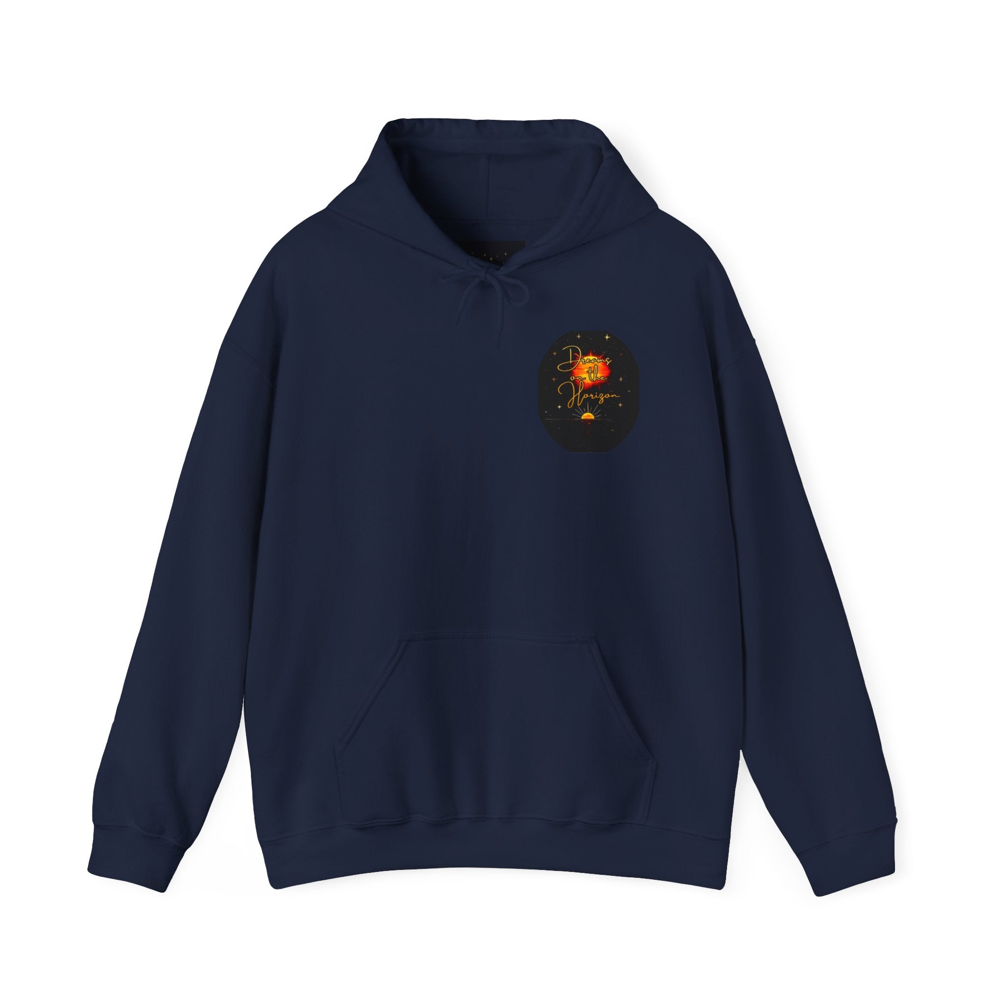Dreams on the Horizon Sunrise Back Print Hooded Sweatshirt, Inspirational and Motivational Apparel, Gift for Dreamers, Creative Expression Wear