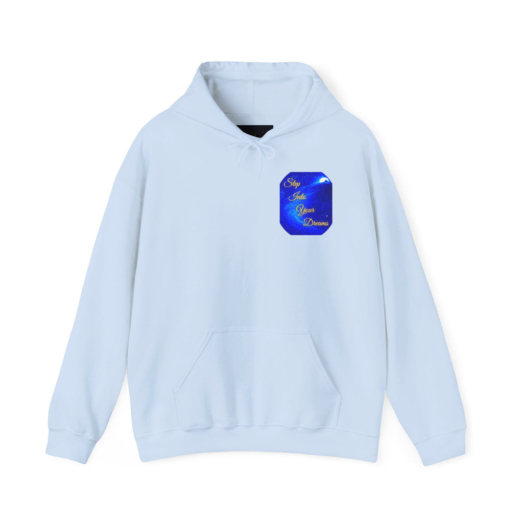 Step Into Your Dreams – Cosmic Gateway Back-print Hoodie | Tiny front badge | Gildan Heavy Blend™. Inspirational and Motivational Apparel, Gift for Dreamers, Creative Expression