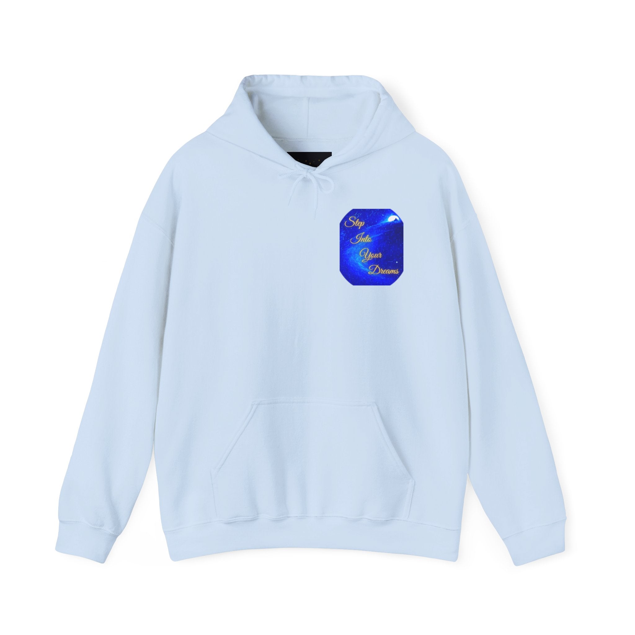 Step Into Your Dreams – Cosmic Gateway Back-print Hoodie | Tiny front badge | Gildan Heavy Blend™. Inspirational and Motivational Apparel, Gift for Dreamers, Creative Expression