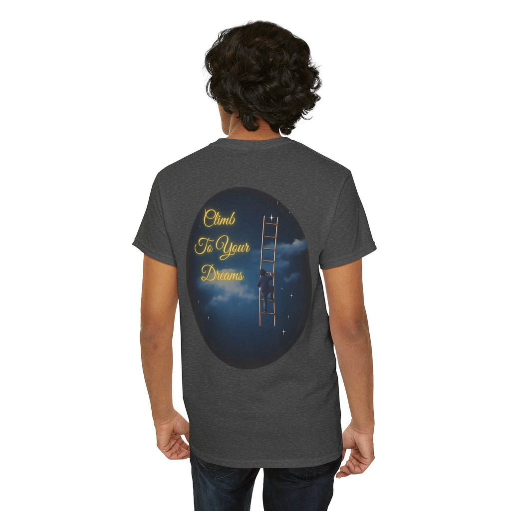 Climb To Your Dreams – Starry Night Ladder Back-Print Tee + Front Badge | Gildan 5000, Inspirational and Motivational Apparel, Gift for Dreamers, Creative Expression Wear
