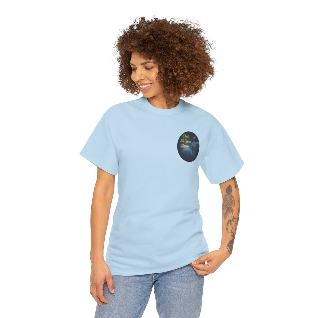 Climb To Your Dreams – Starry Night Ladder Back-Print Tee + Front Badge | Gildan 5000, Inspirational and Motivational Apparel, Gift for Dreamers, Creative Expression Wear
