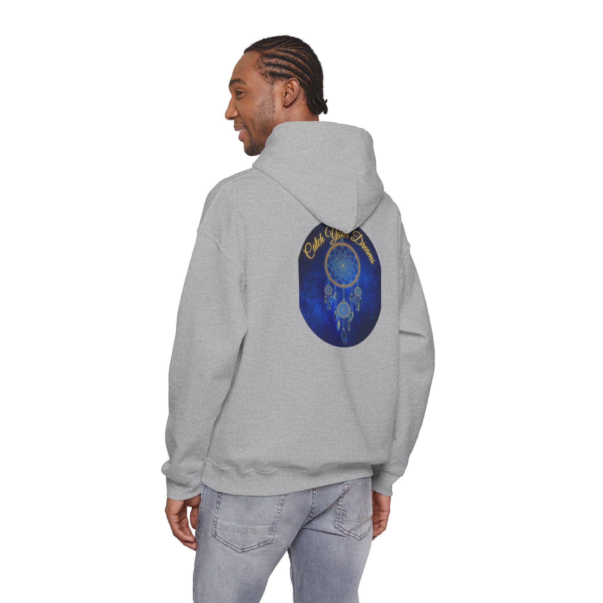 Catch Your Dream – Dreamcatcher Back Print Hooded Sweatshirt, Inspirational and Motivational Apparel, Gift for Dreamers, Creative Expression Wear