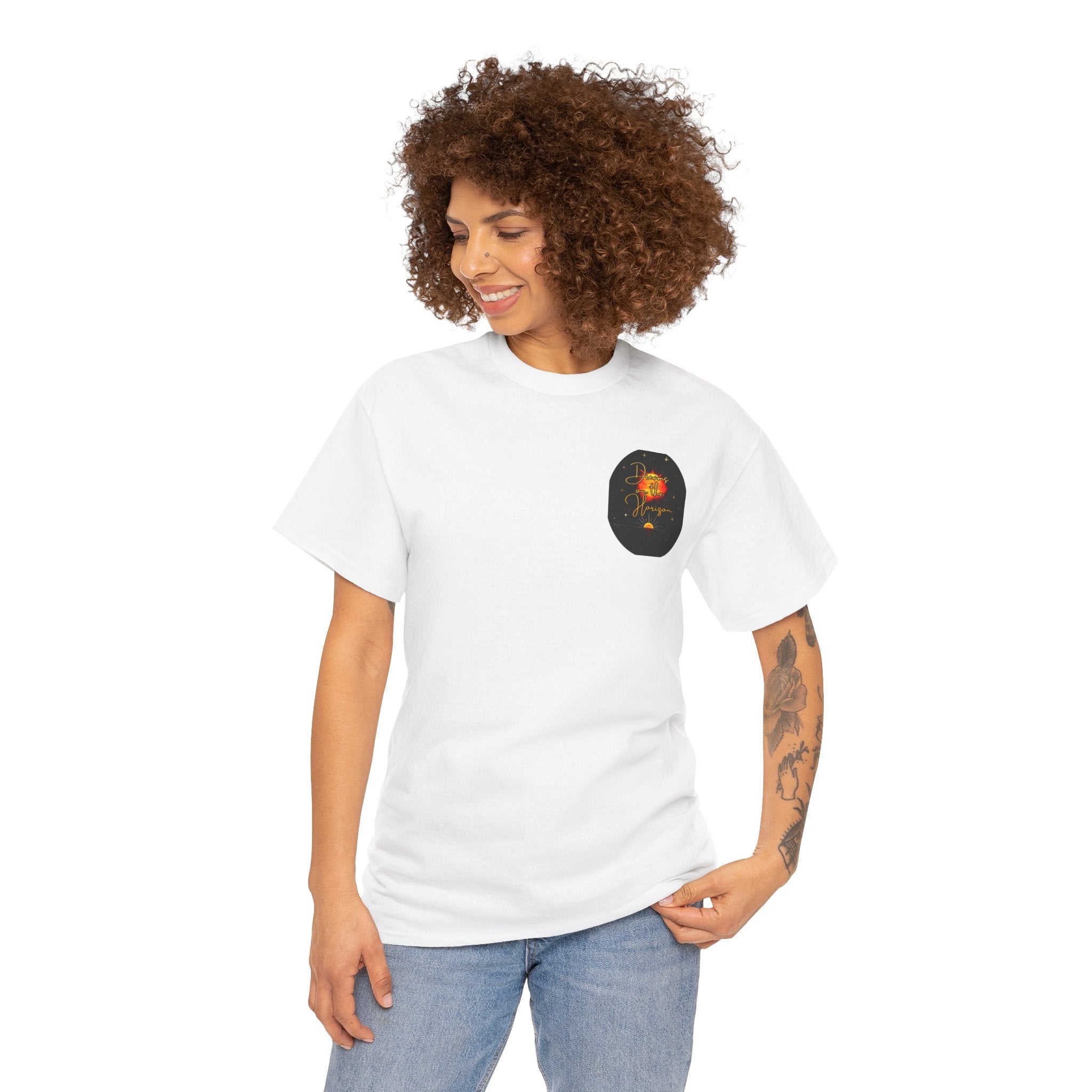 Dreams on the Horizon – Sunrise Back-Print Heavy Cotton Tee, Inspirational and Motivational Apparel, Gift for Dreamers, Creative Expression Wear