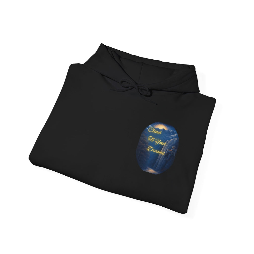 Climb To Your Dreams - Mountain Sunrise Hoodie | Back Glow Print + Front Badge | Heavy Blend™, Inspirational and Motivational Apparel, Gift for Dreamers, Creative Expression Wear