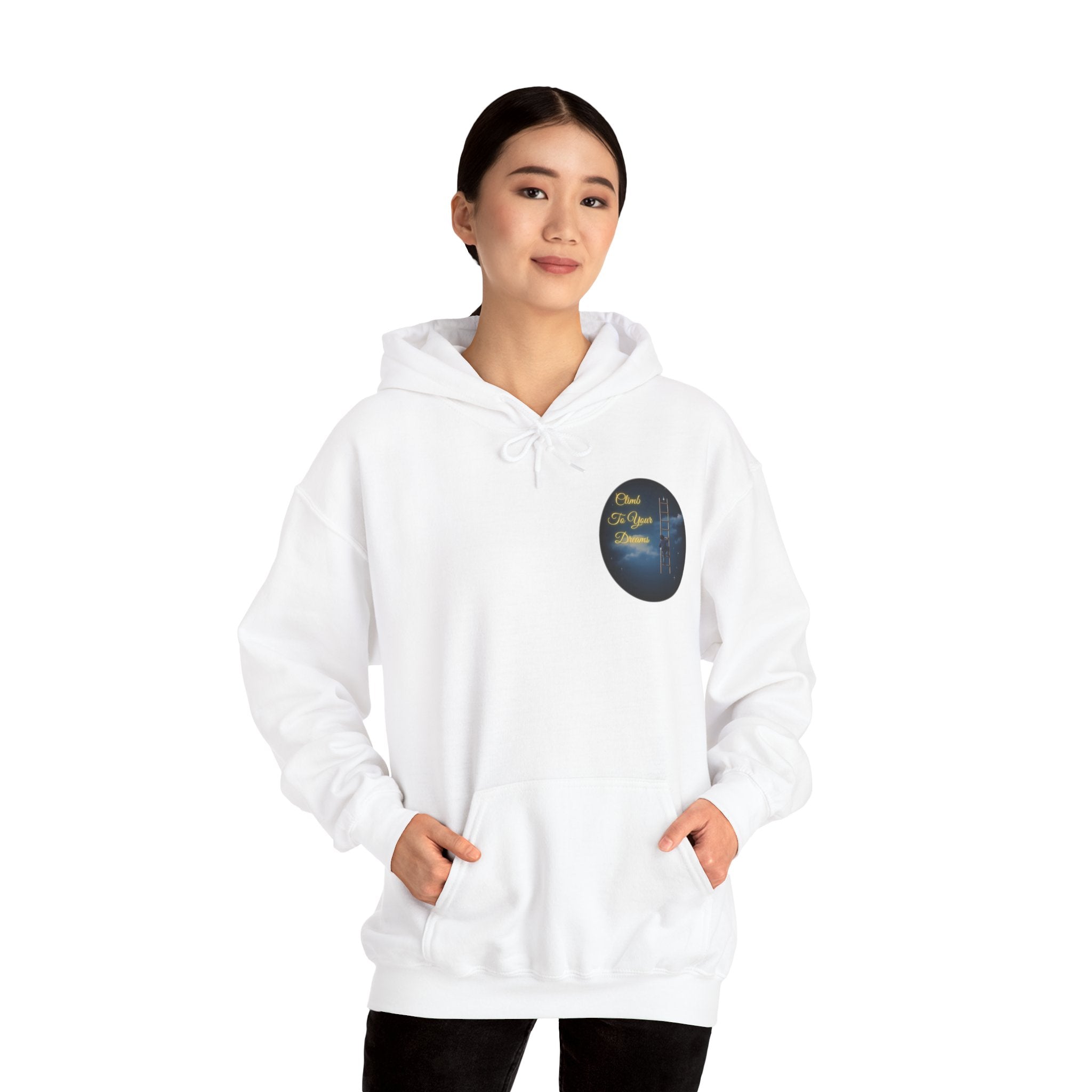 Climb To Your Dreams – Starry Night Ladder-to-Moon Back-Print Hoodie + Front Badge | Gildan 18500, Inspirational and Motivational Apparel, Gift for Dreamers, Creative Expression Wear