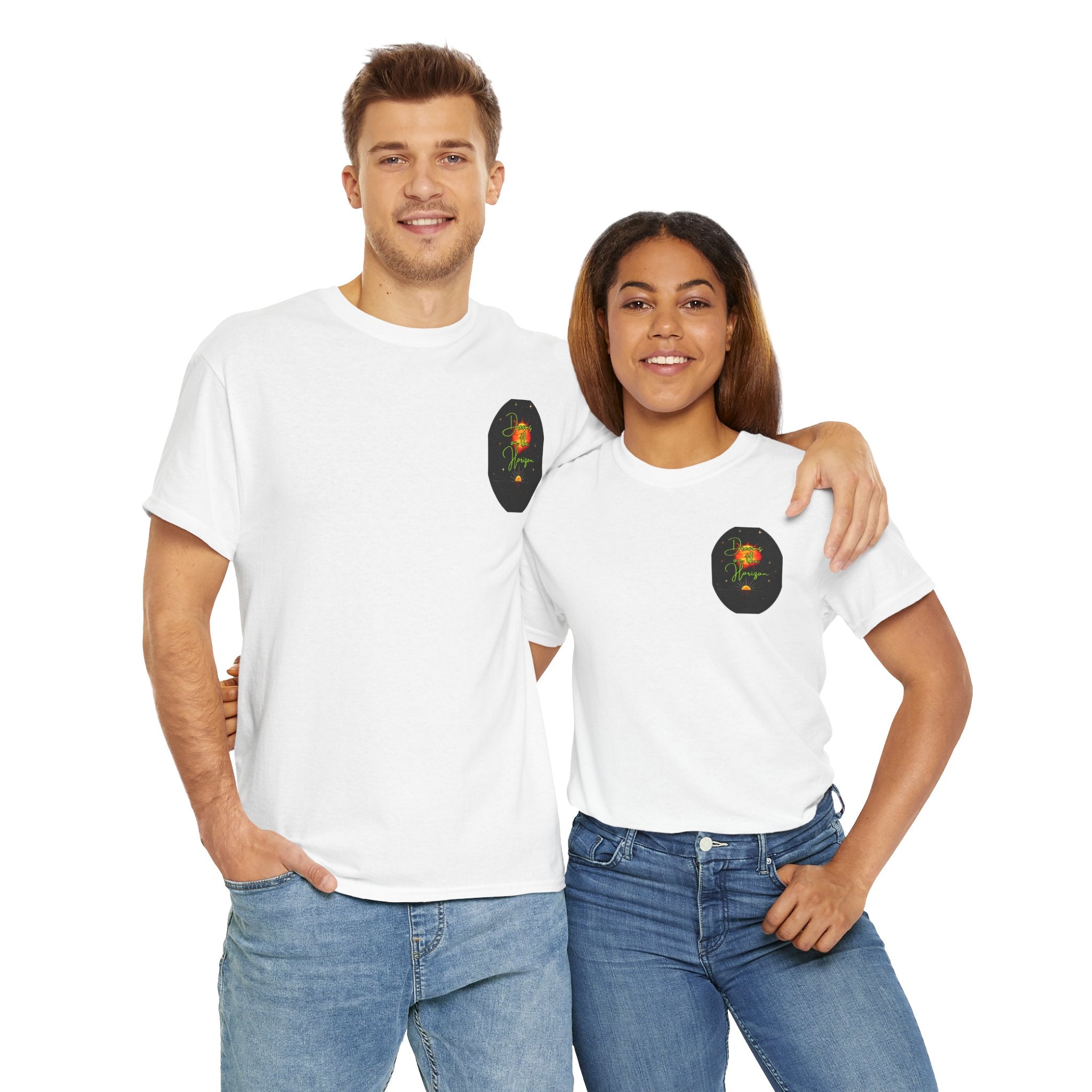 Dreams on the Horizon (Lemongrass) – Sunrise Back-Print Heavy Cotton Tee, Inspirational and Motivational Apparel, Gift for Dreamers, Creative Expression Wear