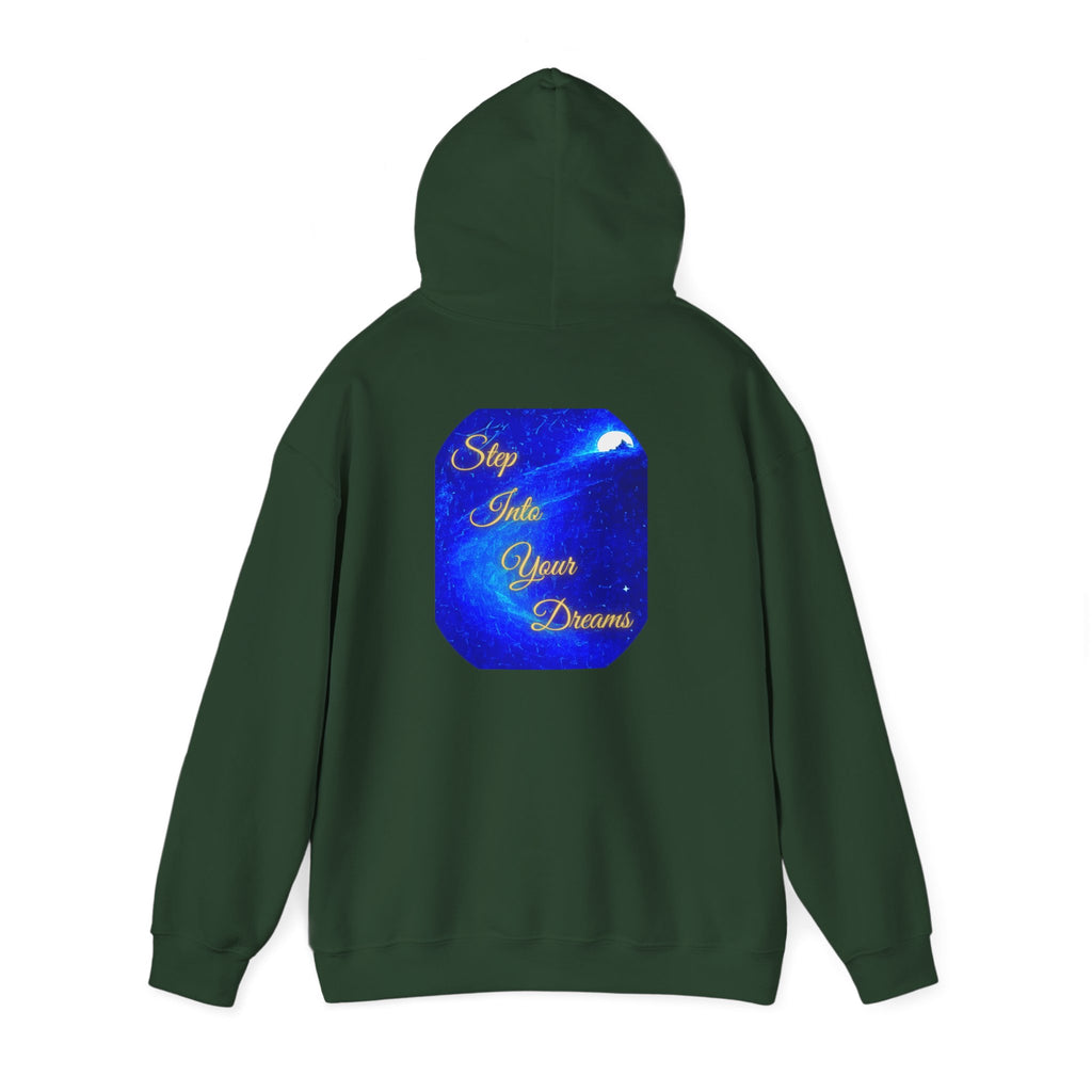 Step Into Your Dreams – Cosmic Gateway Back-print Hoodie | Tiny front badge | Gildan Heavy Blend™. Inspirational and Motivational Apparel, Gift for Dreamers, Creative Expression