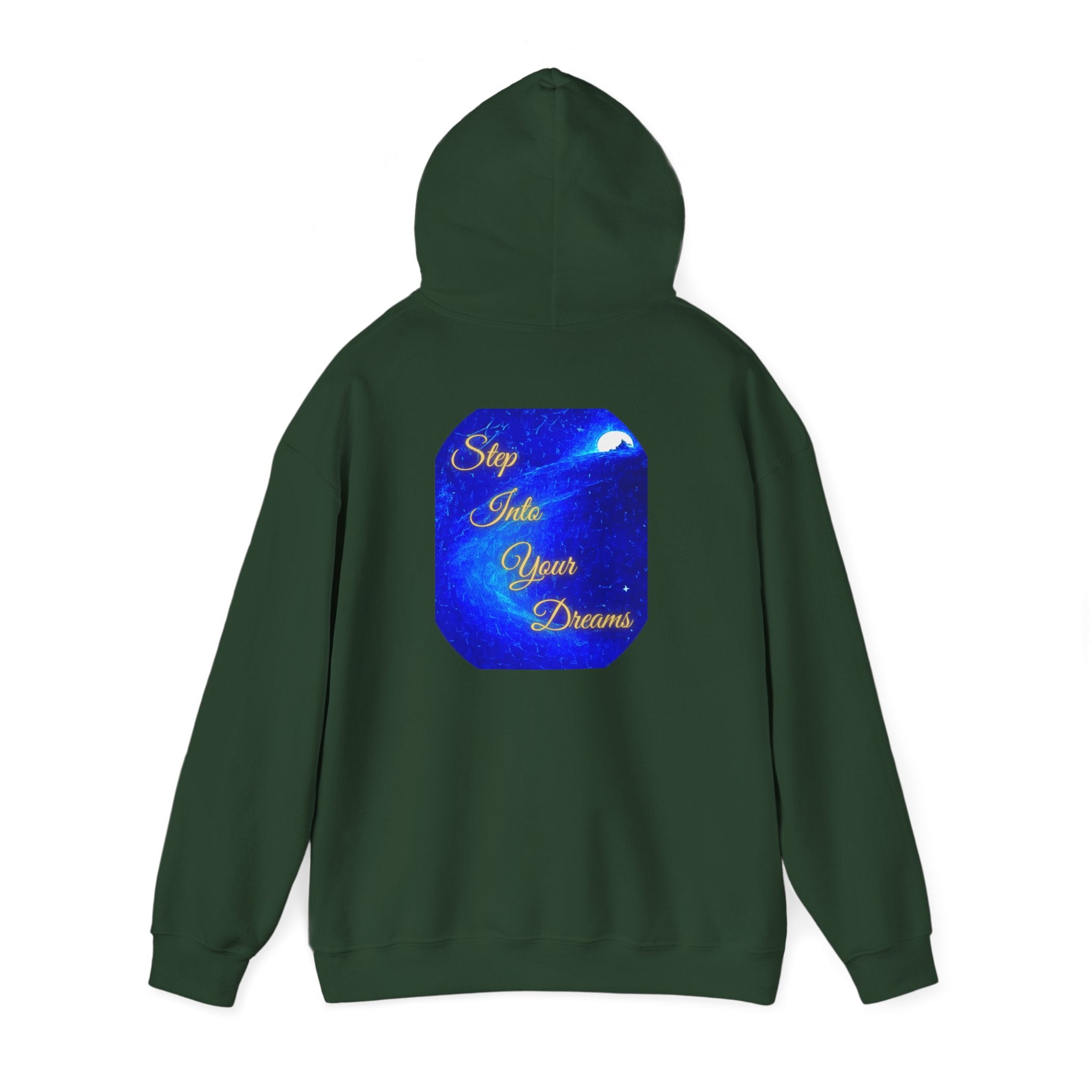 Step Into Your Dreams – Cosmic Gateway Back-print Hoodie | Tiny front badge | Gildan Heavy Blend™. Inspirational and Motivational Apparel, Gift for Dreamers, Creative Expression