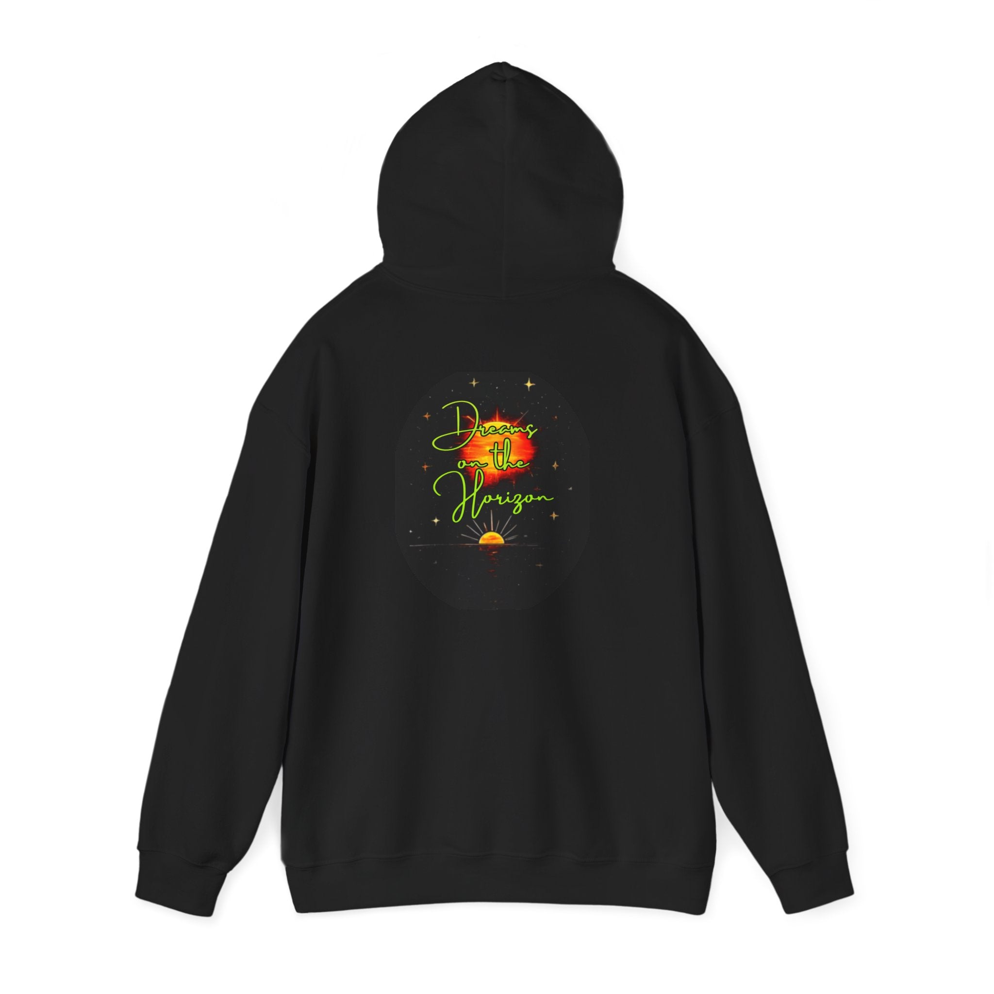 Dreams on the Horizon (Lemongrass) Sunrise Back Print Hooded Sweatshirt, Inspirational and Motivational Apparel, Gift for Dreamers, Creative Expression Wear