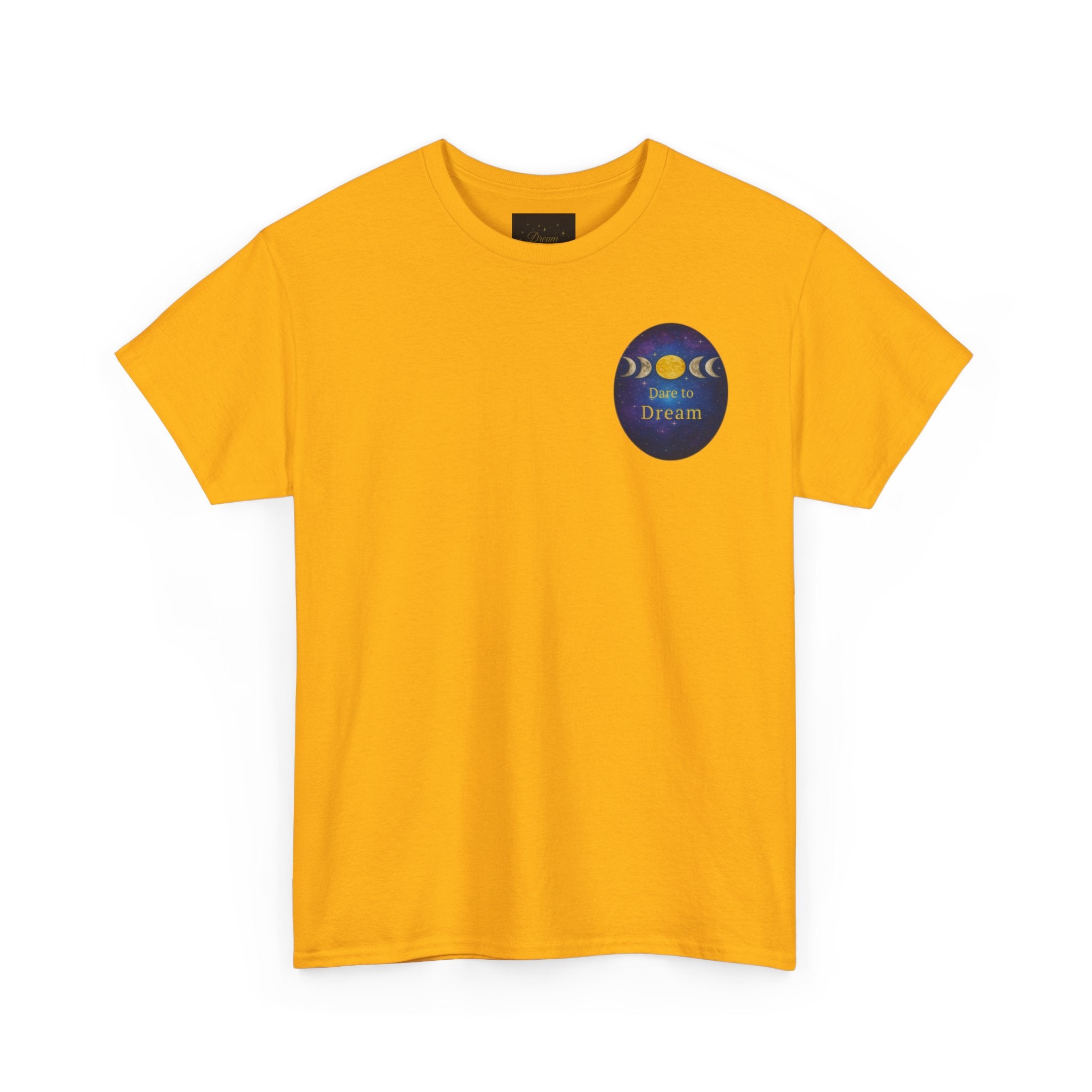 Dare to Dream Moon-Phase Tee – Golden Full Moon Back Print + Front Badge | Gildan 5000 Heavy Cotton, Inspirational and Motivational Apparel, Gift for Dreamers, Creative Expression Wear