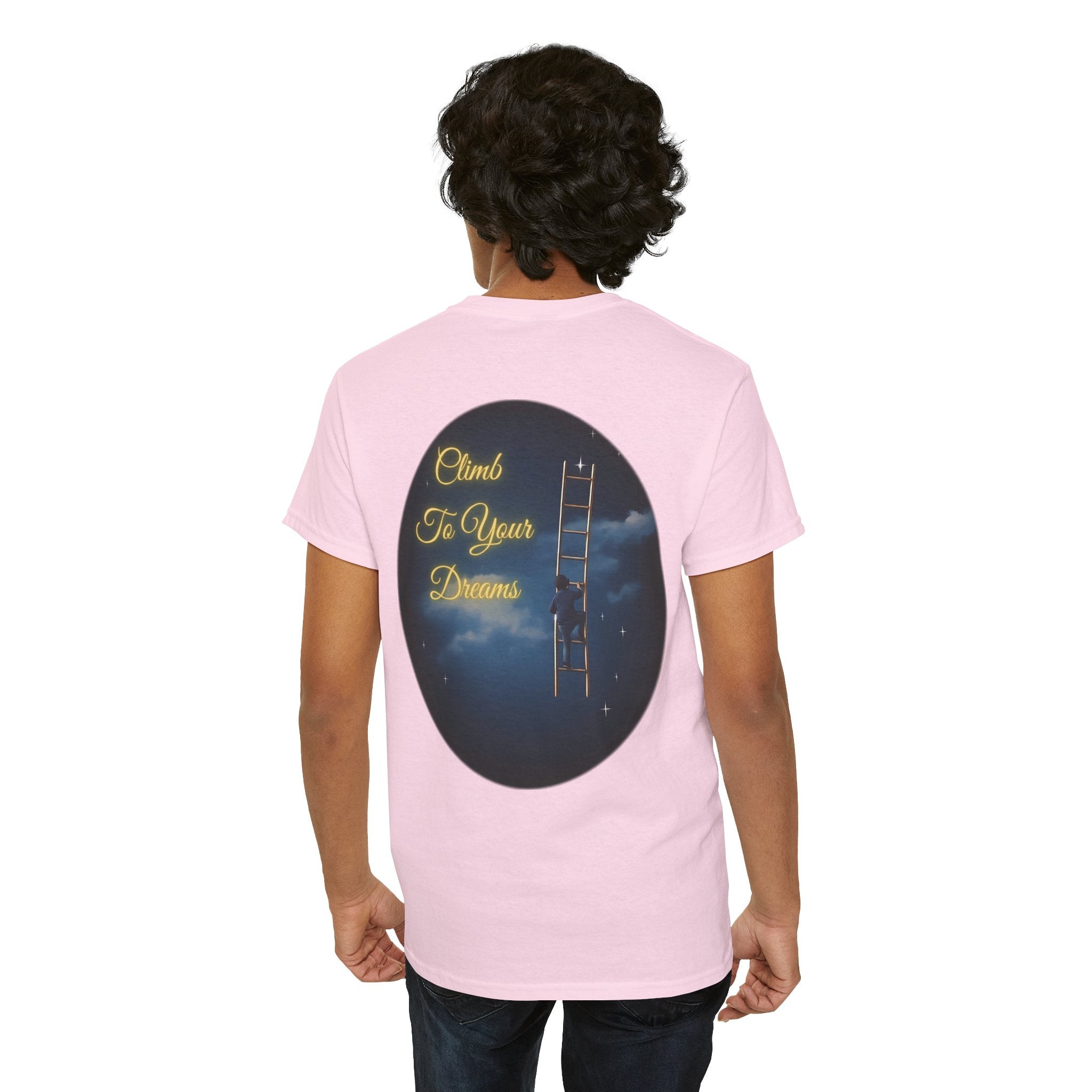 Climb To Your Dreams – Starry Night Ladder Back-Print Tee + Front Badge | Gildan 5000, Inspirational and Motivational Apparel, Gift for Dreamers, Creative Expression Wear