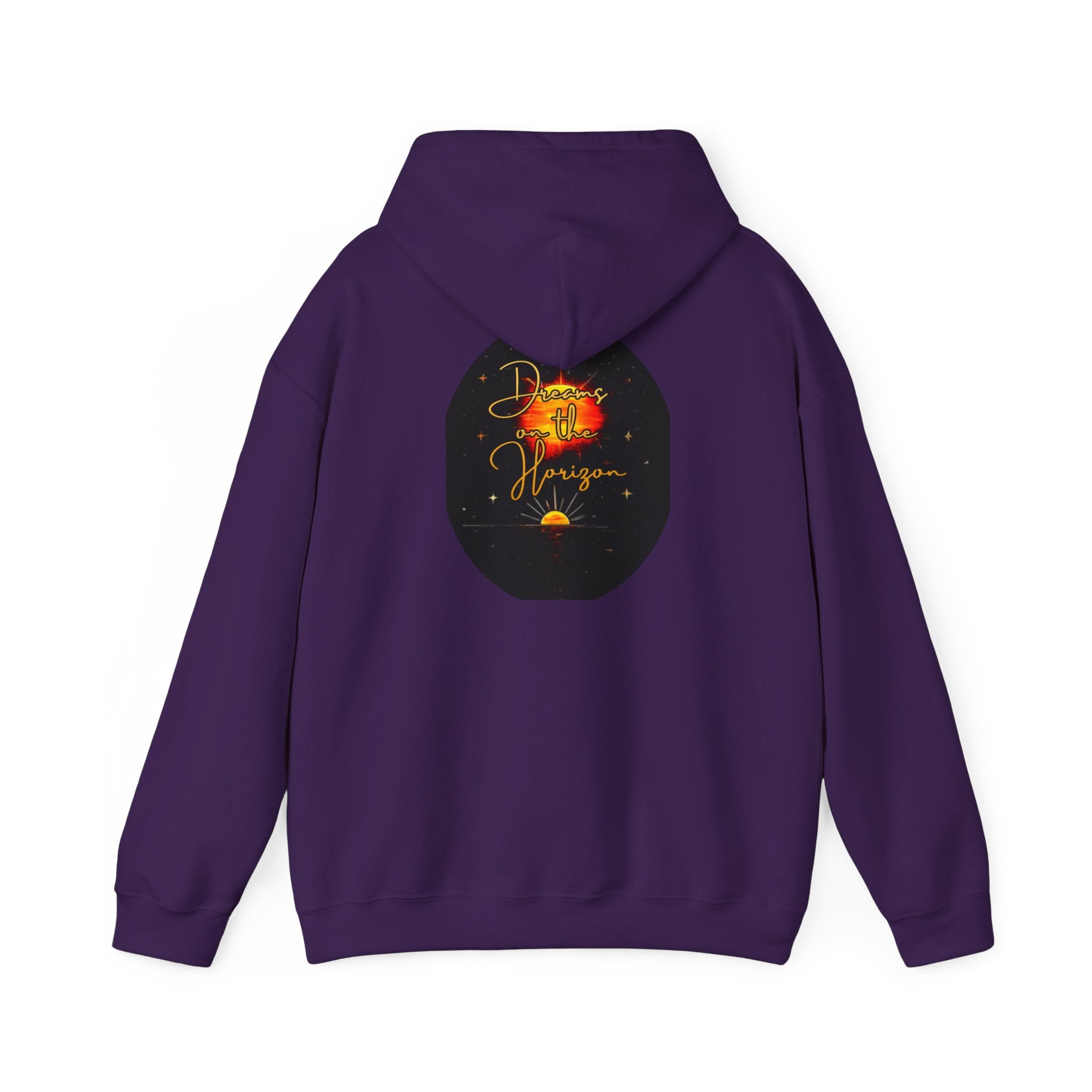 Dreams on the Horizon Sunrise Back Print Hooded Sweatshirt, Inspirational and Motivational Apparel, Gift for Dreamers, Creative Expression Wear