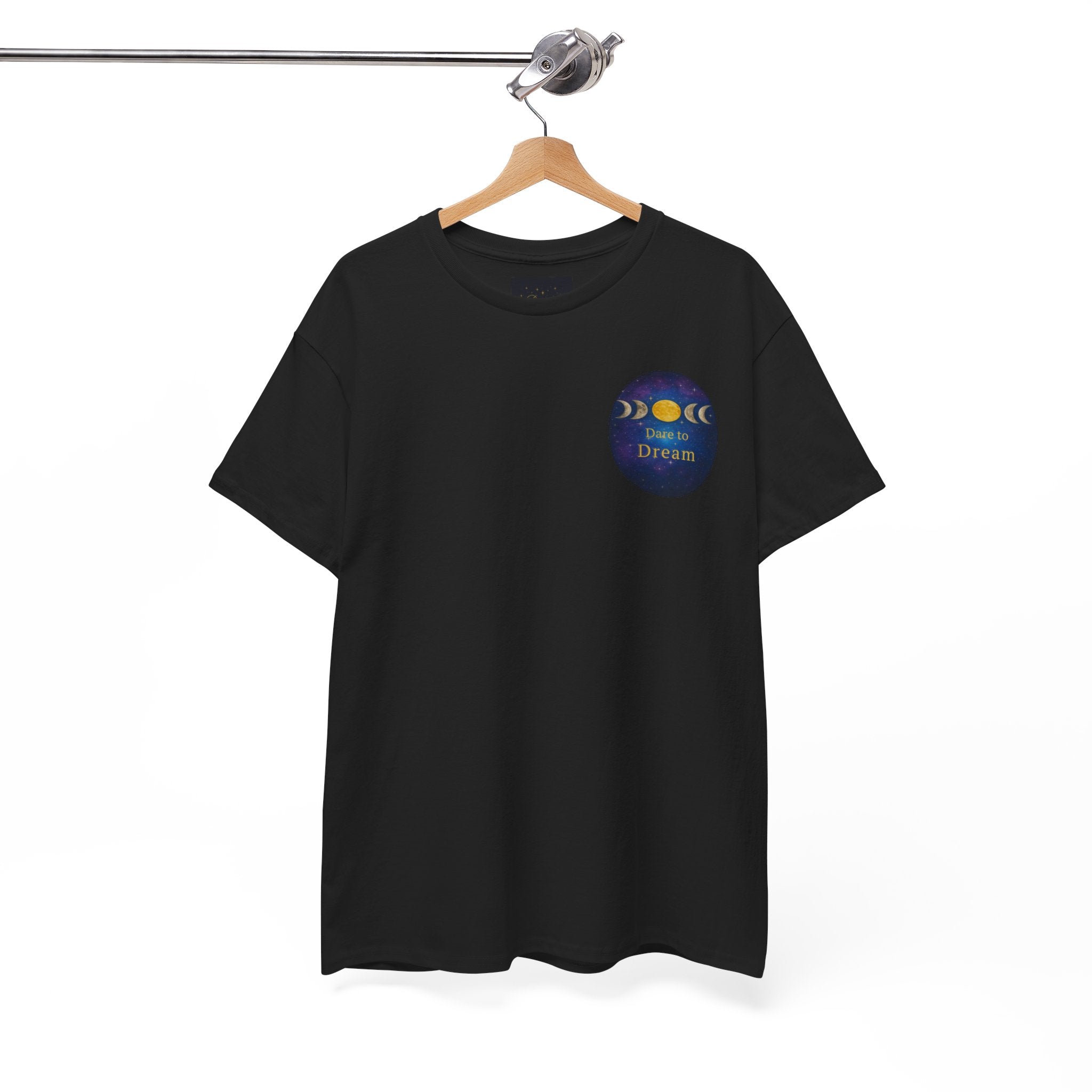 Dare to Dream Moon-Phase Tee – Golden Full Moon Back Print + Front Badge | Gildan 5000 Heavy Cotton, Inspirational and Motivational Apparel, Gift for Dreamers, Creative Expression Wear