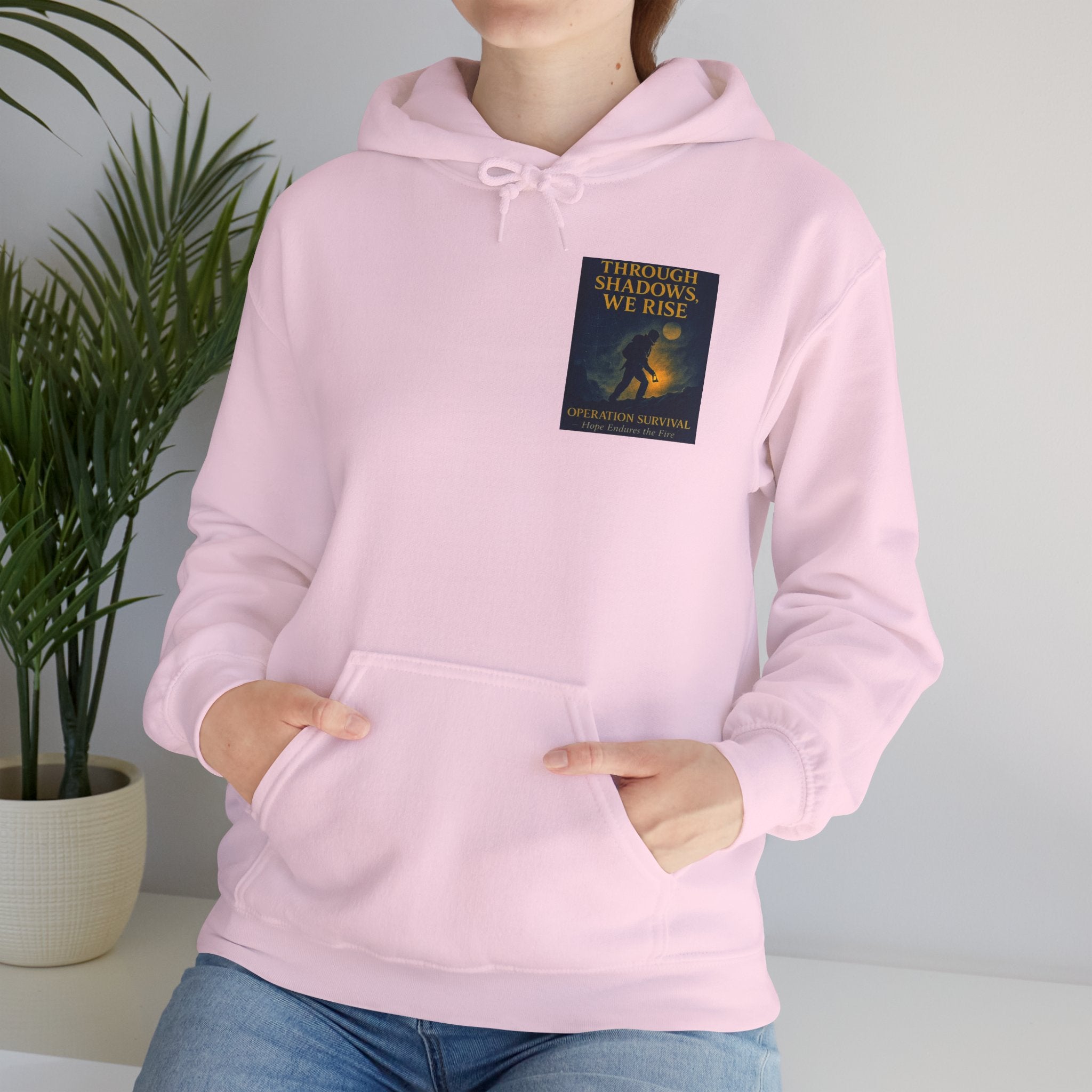 Through Shadows, We Rise – Back-print Cinematic Artwork Operation Survival Hoodie  | Gildan Heavy Blend™ 18500 — Inspirational and Motivational Apparel, Gift for Dreamers, Creative Expression Wear