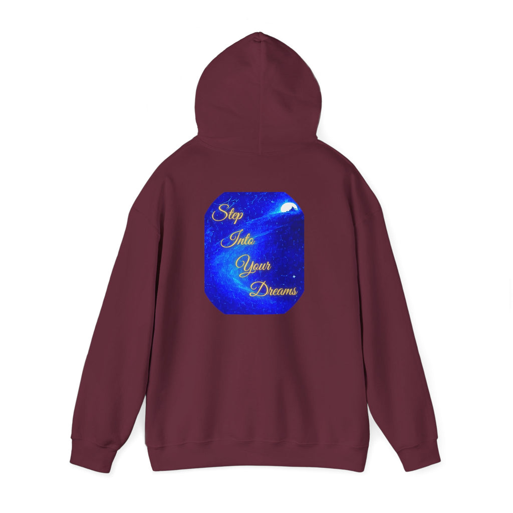 Step Into Your Dreams – Cosmic Gateway Back-print Hoodie | Tiny front badge | Gildan Heavy Blend™. Inspirational and Motivational Apparel, Gift for Dreamers, Creative Expression