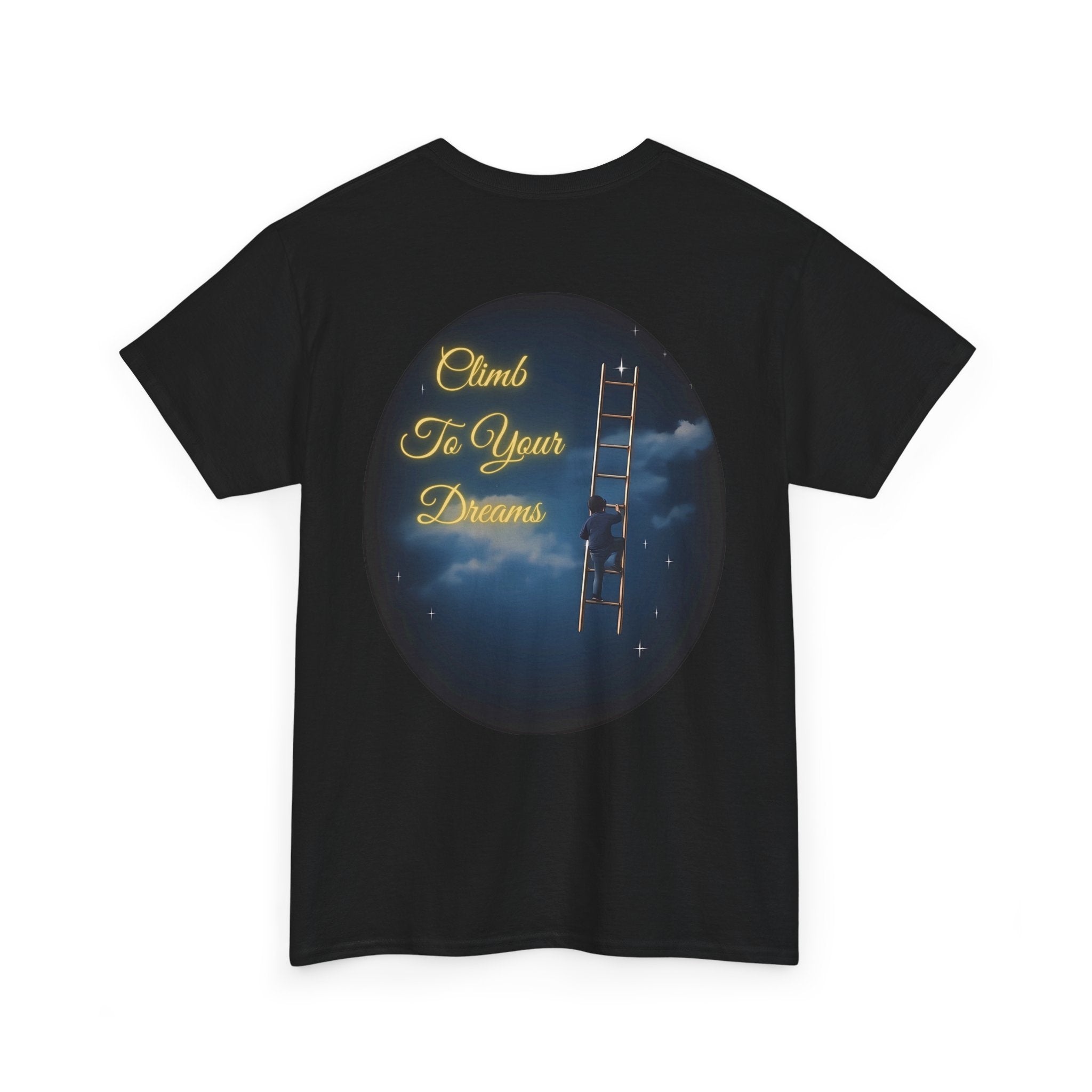 Climb To Your Dreams – Starry Night Ladder Back-Print Tee + Front Badge | Gildan 5000, Inspirational and Motivational Apparel, Gift for Dreamers, Creative Expression Wear