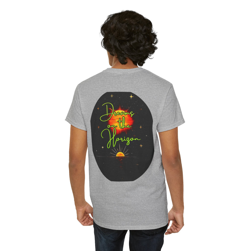 Dreams on the Horizon (Lemongrass) – Sunrise Back-Print Heavy Cotton Tee, Inspirational and Motivational Apparel, Gift for Dreamers, Creative Expression Wear