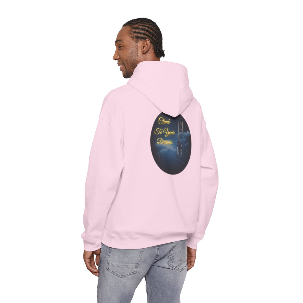 Climb To Your Dreams – Starry Night Ladder-to-Moon Back-Print Hoodie + Front Badge | Gildan 18500, Inspirational and Motivational Apparel, Gift for Dreamers, Creative Expression Wear