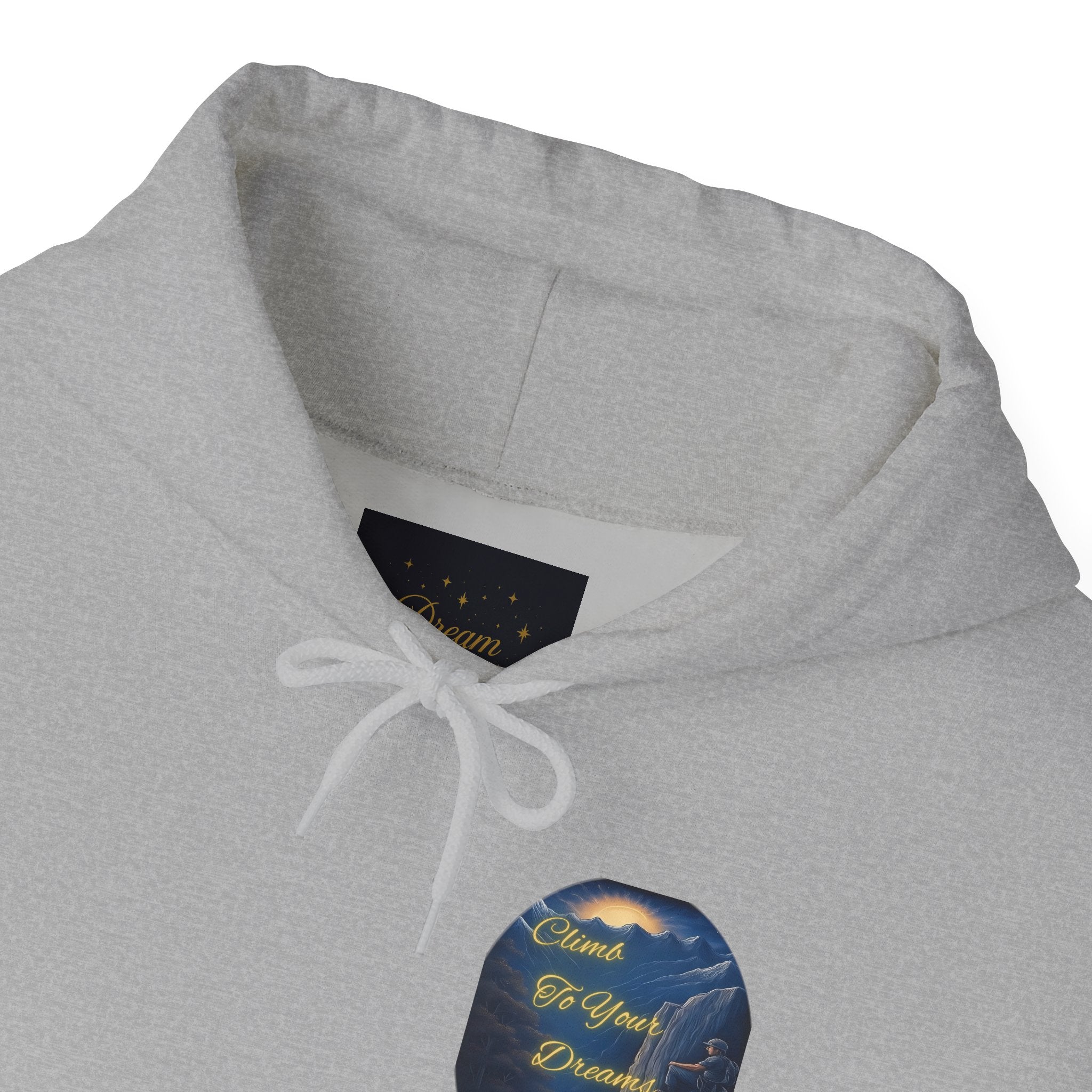 Climb To Your Dreams - Mountain Sunrise Hoodie | Back Glow Print + Front Badge | Heavy Blend™, Inspirational and Motivational Apparel, Gift for Dreamers, Creative Expression Wear