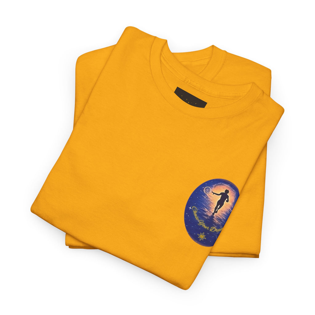 Chase Your Dreams – Sunrise Silhouette Back Printed Heavy Cotton Tee, Inspirational and Motivational Apparel, Gift for Dreamers, Creative Expression Wear