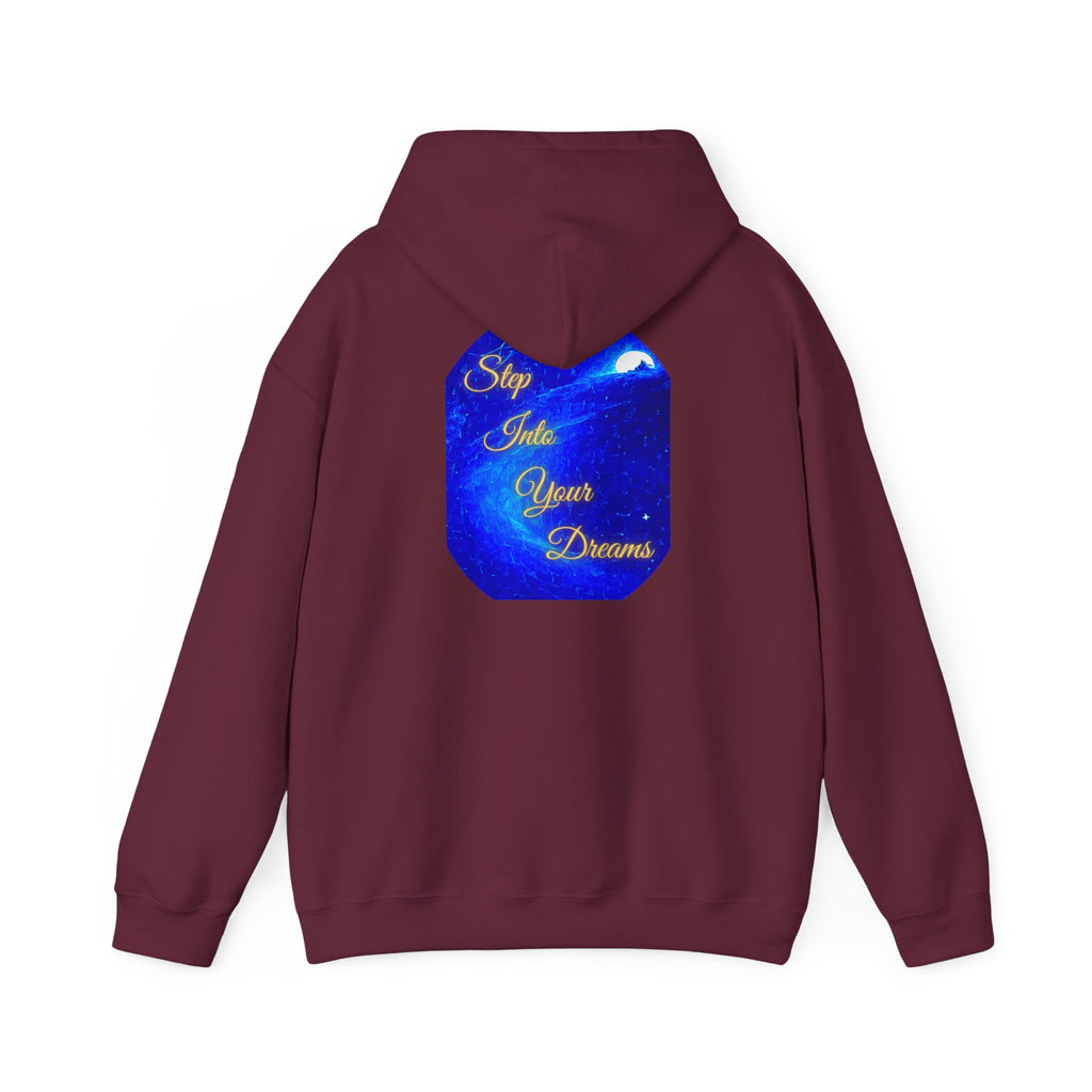Step Into Your Dreams – Cosmic Gateway Back-print Hoodie | Tiny front badge | Gildan Heavy Blend™. Inspirational and Motivational Apparel, Gift for Dreamers, Creative Expression