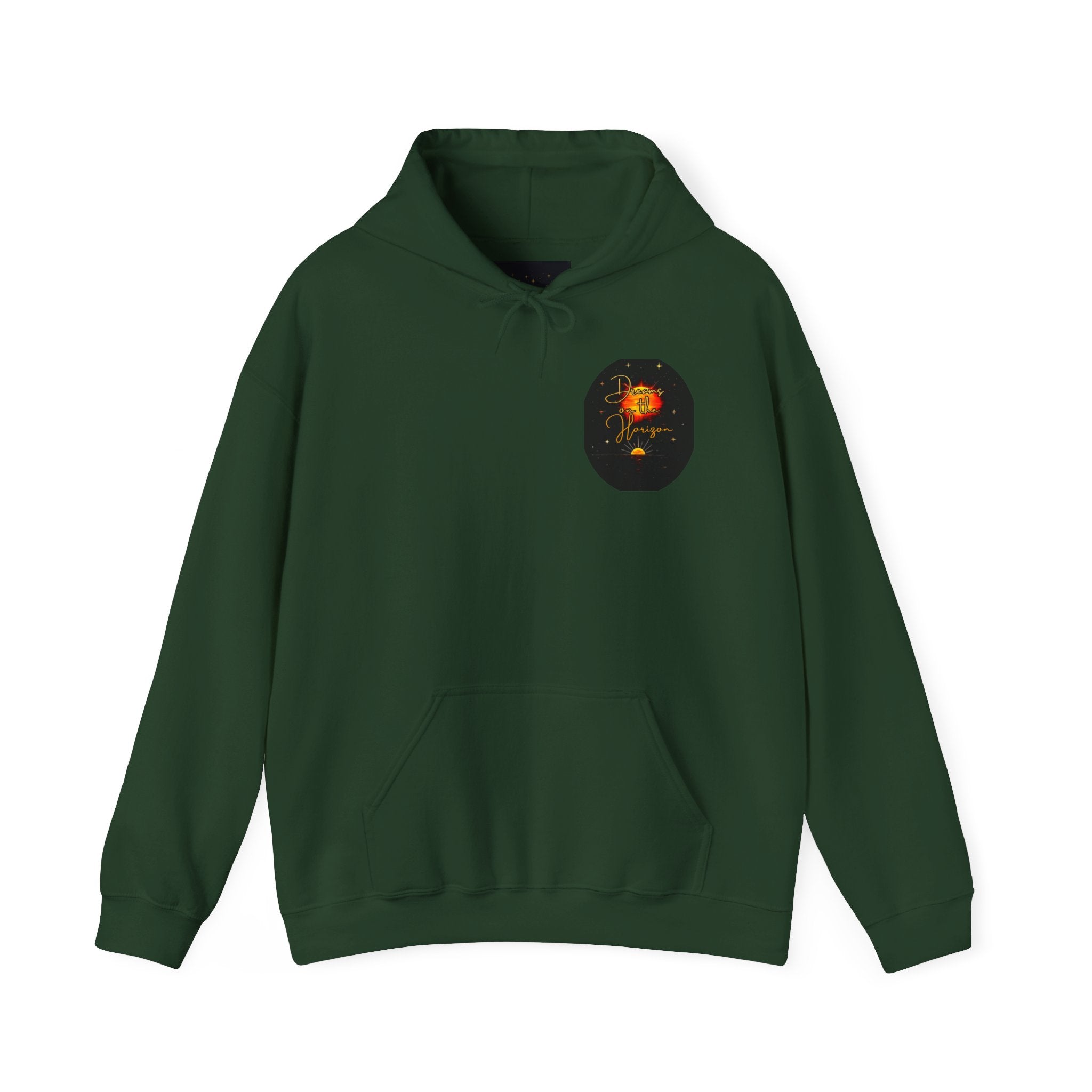 Dreams on the Horizon Sunrise Back Print Hooded Sweatshirt, Inspirational and Motivational Apparel, Gift for Dreamers, Creative Expression Wear