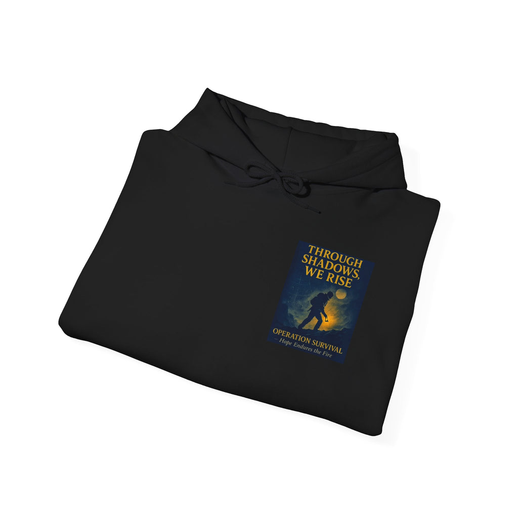 Through Shadows, We Rise – Back-print Cinematic Artwork Operation Survival Hoodie  | Gildan Heavy Blend™ 18500 — Inspirational and Motivational Apparel, Gift for Dreamers, Creative Expression Wear