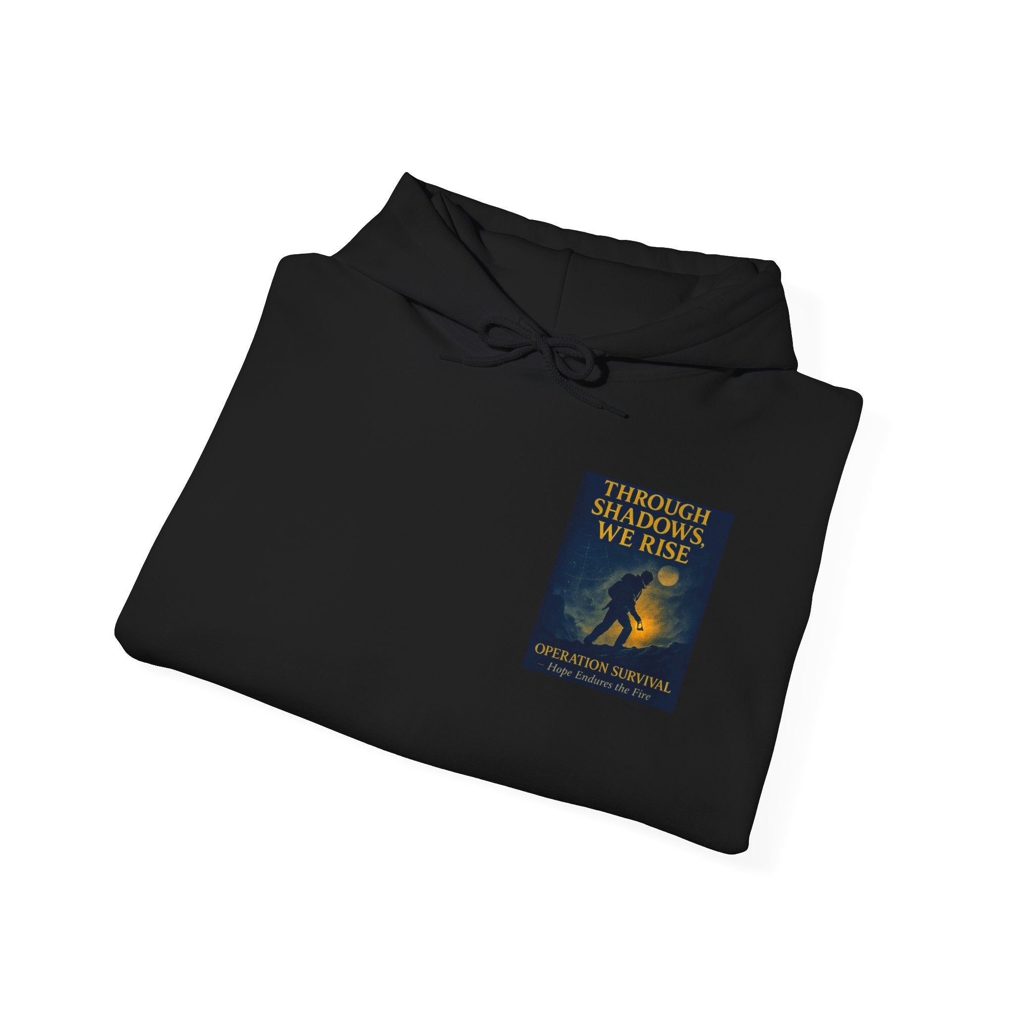 Through Shadows, We Rise – Back-print Cinematic Artwork Operation Survival Hoodie  | Gildan Heavy Blend™ 18500 — Inspirational and Motivational Apparel, Gift for Dreamers, Creative Expression Wear