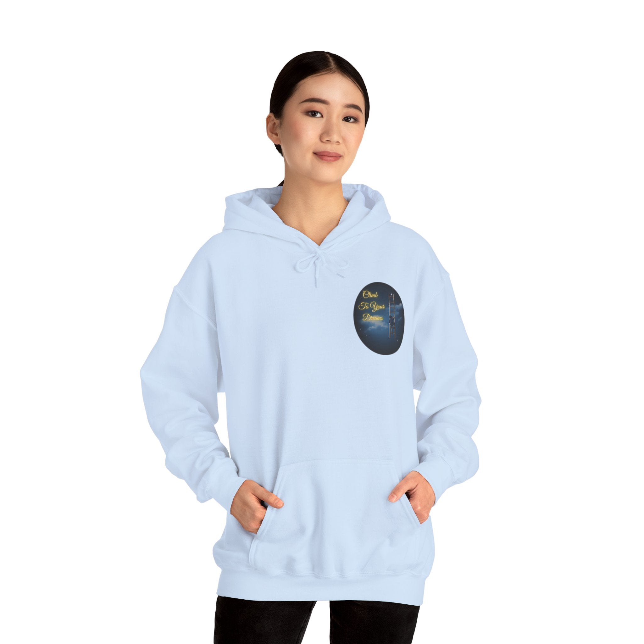 Climb To Your Dreams – Starry Night Ladder-to-Moon Back-Print Hoodie + Front Badge | Gildan 18500, Inspirational and Motivational Apparel, Gift for Dreamers, Creative Expression Wear