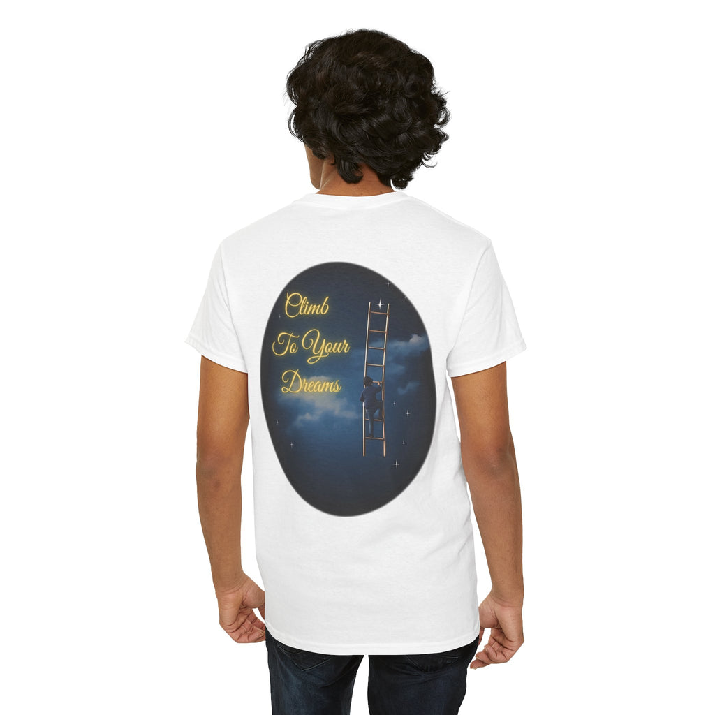 Climb To Your Dreams – Starry Night Ladder Back-Print Tee + Front Badge | Gildan 5000, Inspirational and Motivational Apparel, Gift for Dreamers, Creative Expression Wear