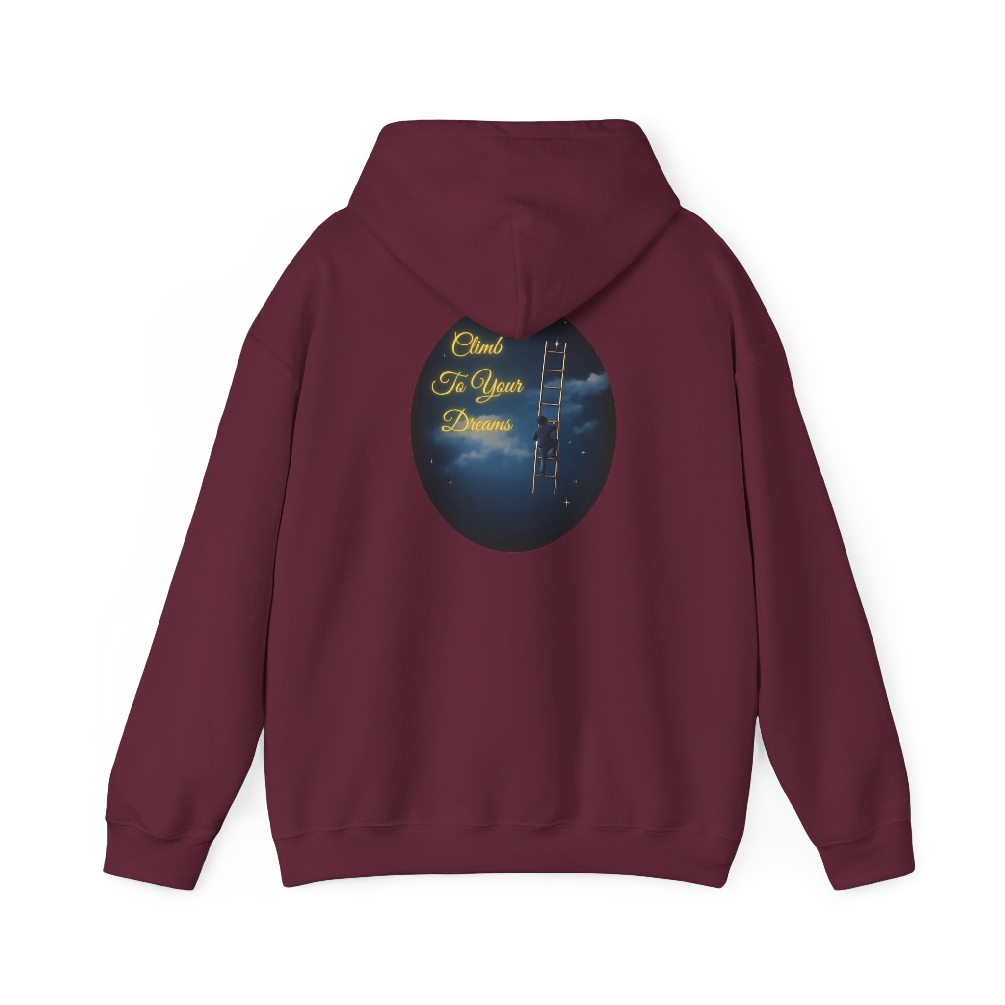 Climb To Your Dreams – Starry Night Ladder-to-Moon Back-Print Hoodie + Front Badge | Gildan 18500, Inspirational and Motivational Apparel, Gift for Dreamers, Creative Expression Wear
