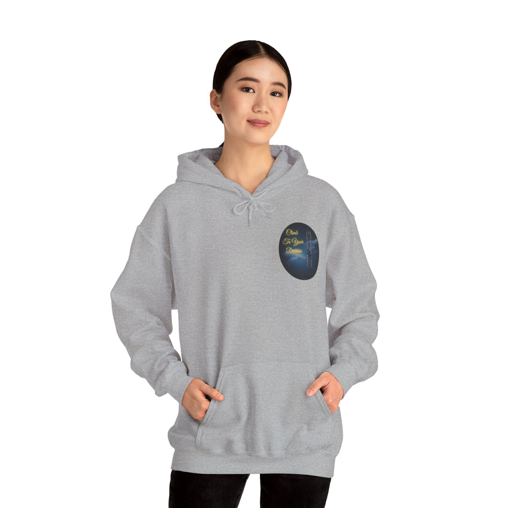 Climb To Your Dreams – Starry Night Ladder-to-Moon Back-Print Hoodie + Front Badge | Gildan 18500, Inspirational and Motivational Apparel, Gift for Dreamers, Creative Expression Wear