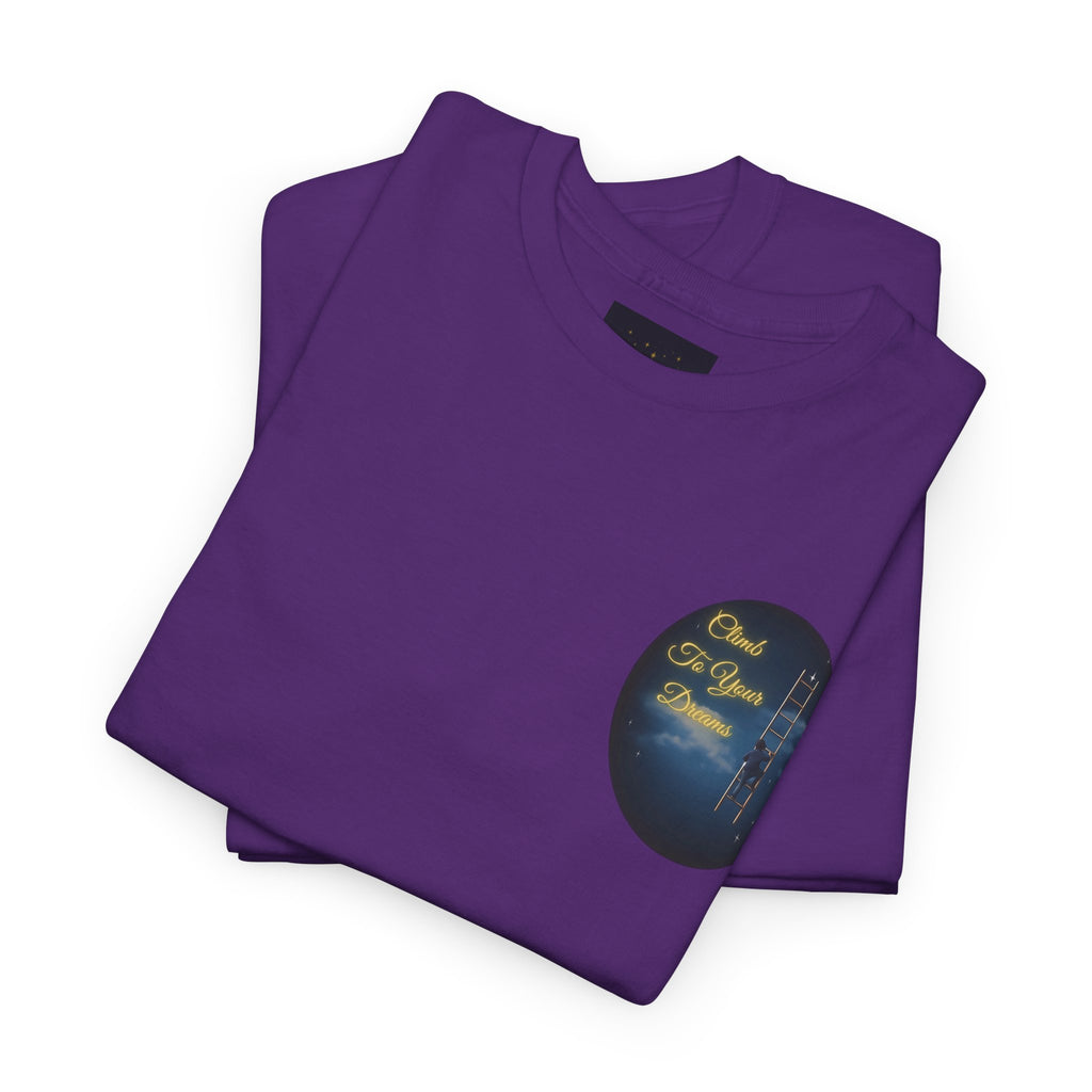 Climb To Your Dreams – Starry Night Ladder Back-Print Tee + Front Badge | Gildan 5000, Inspirational and Motivational Apparel, Gift for Dreamers, Creative Expression Wear