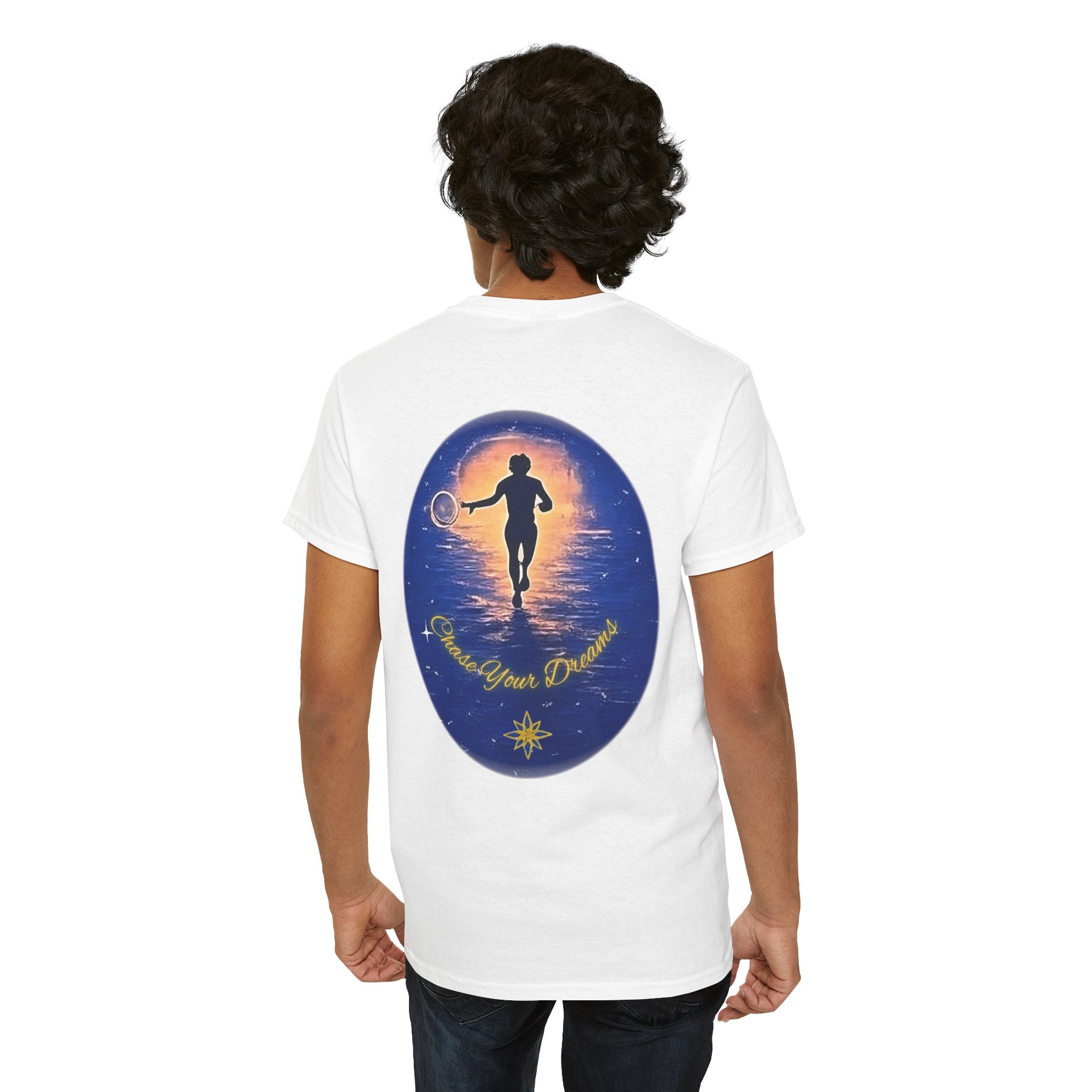 Chase Your Dreams – Sunrise Silhouette Back Printed Heavy Cotton Tee, Inspirational and Motivational Apparel, Gift for Dreamers, Creative Expression Wear