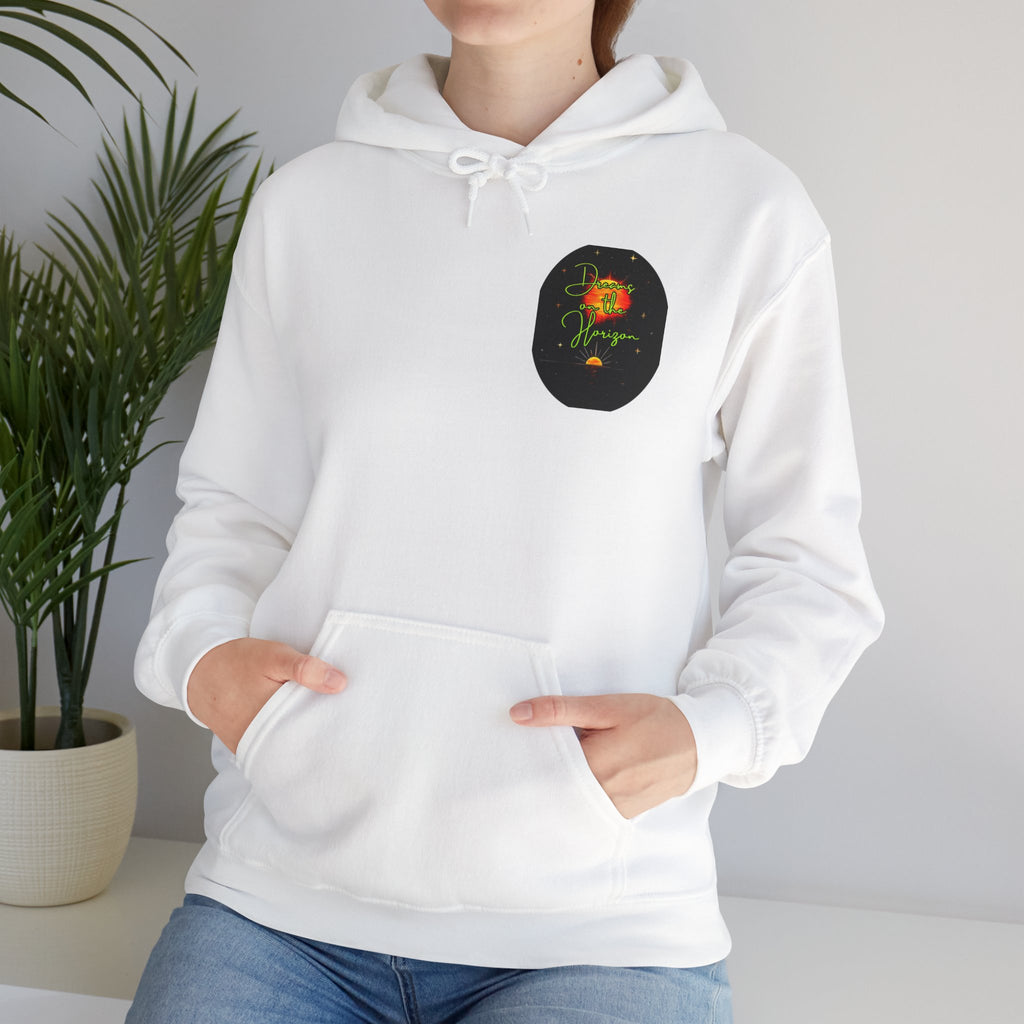 Dreams on the Horizon (Lemongrass) Sunrise Back Print Hooded Sweatshirt, Inspirational and Motivational Apparel, Gift for Dreamers, Creative Expression Wear