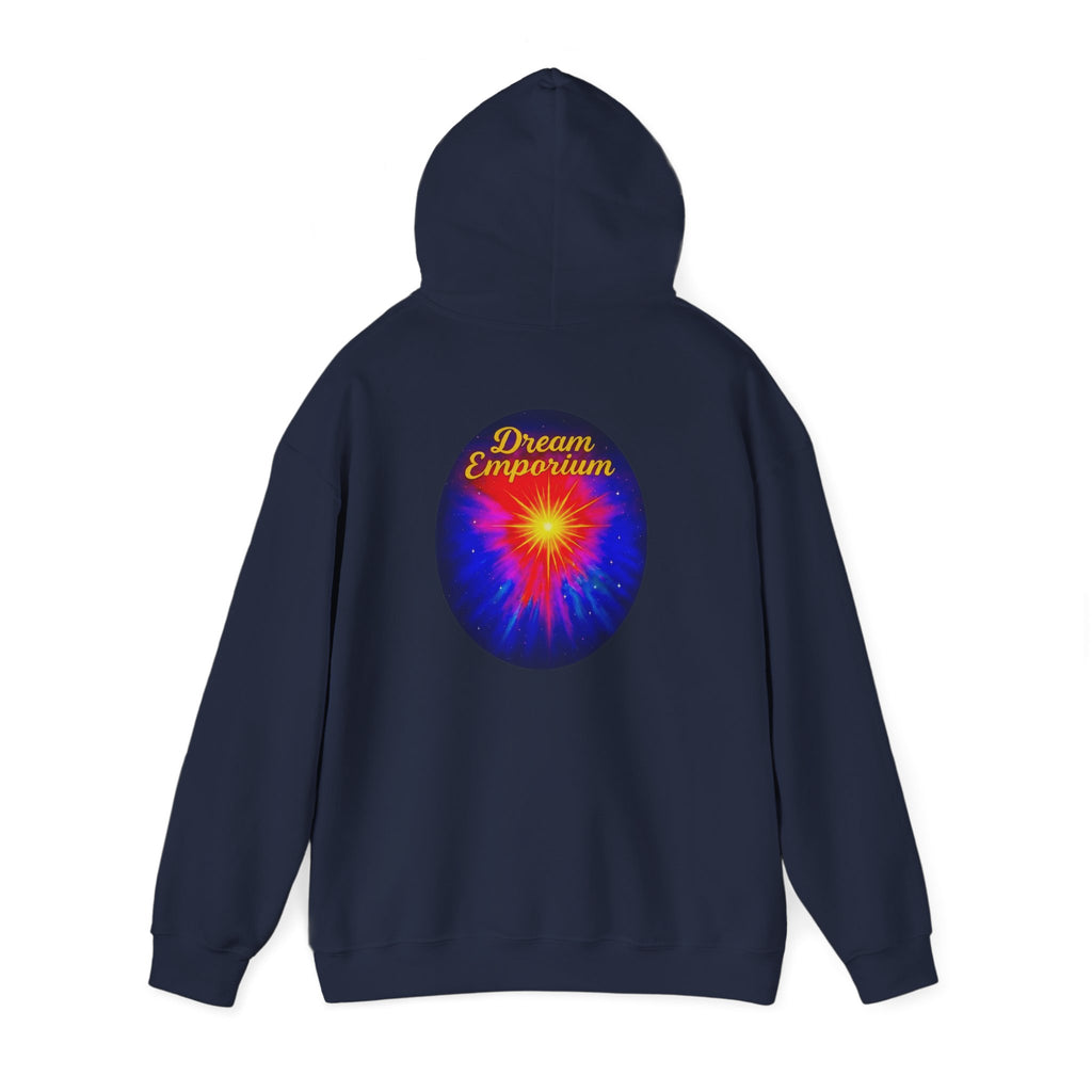 Dream Emporium – Back Printed Radiant Starburst Heavy Blend™ Hooded Sweatshirt, Inspirational and Motivational Apparel, Gift for Dreamers, Creative Expression Wear