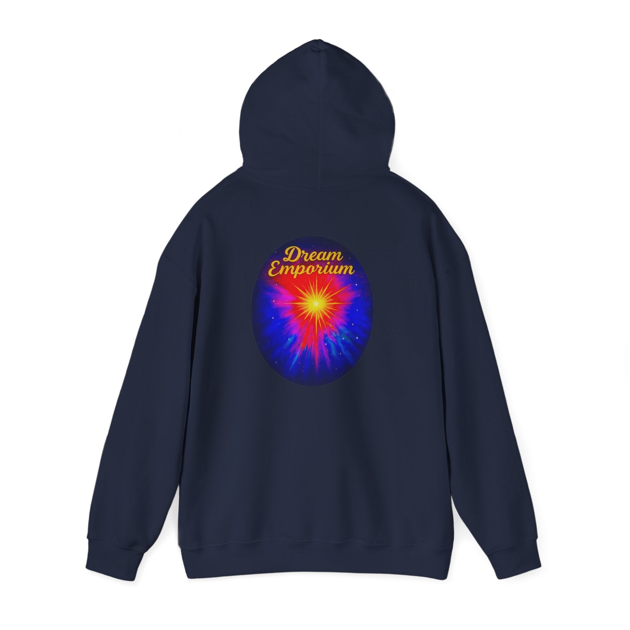 Dream Emporium – Back Printed Radiant Starburst Heavy Blend™ Hooded Sweatshirt, Inspirational and Motivational Apparel, Gift for Dreamers, Creative Expression Wear