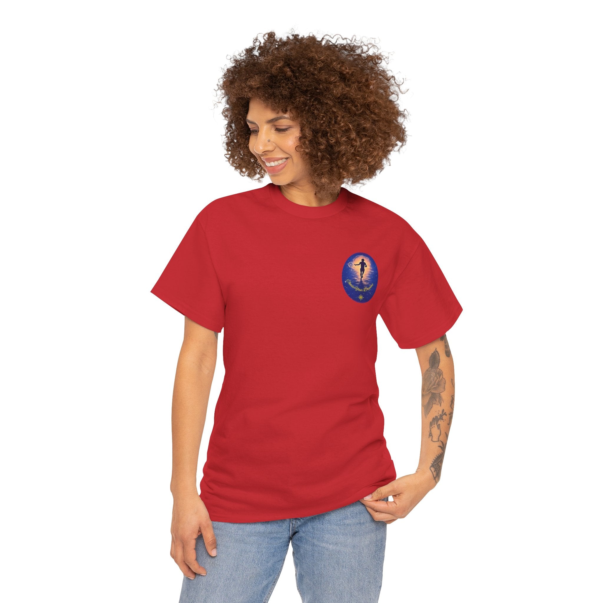 Chase Your Dreams – Sunrise Silhouette Back Printed Heavy Cotton Tee, Inspirational and Motivational Apparel, Gift for Dreamers, Creative Expression Wear