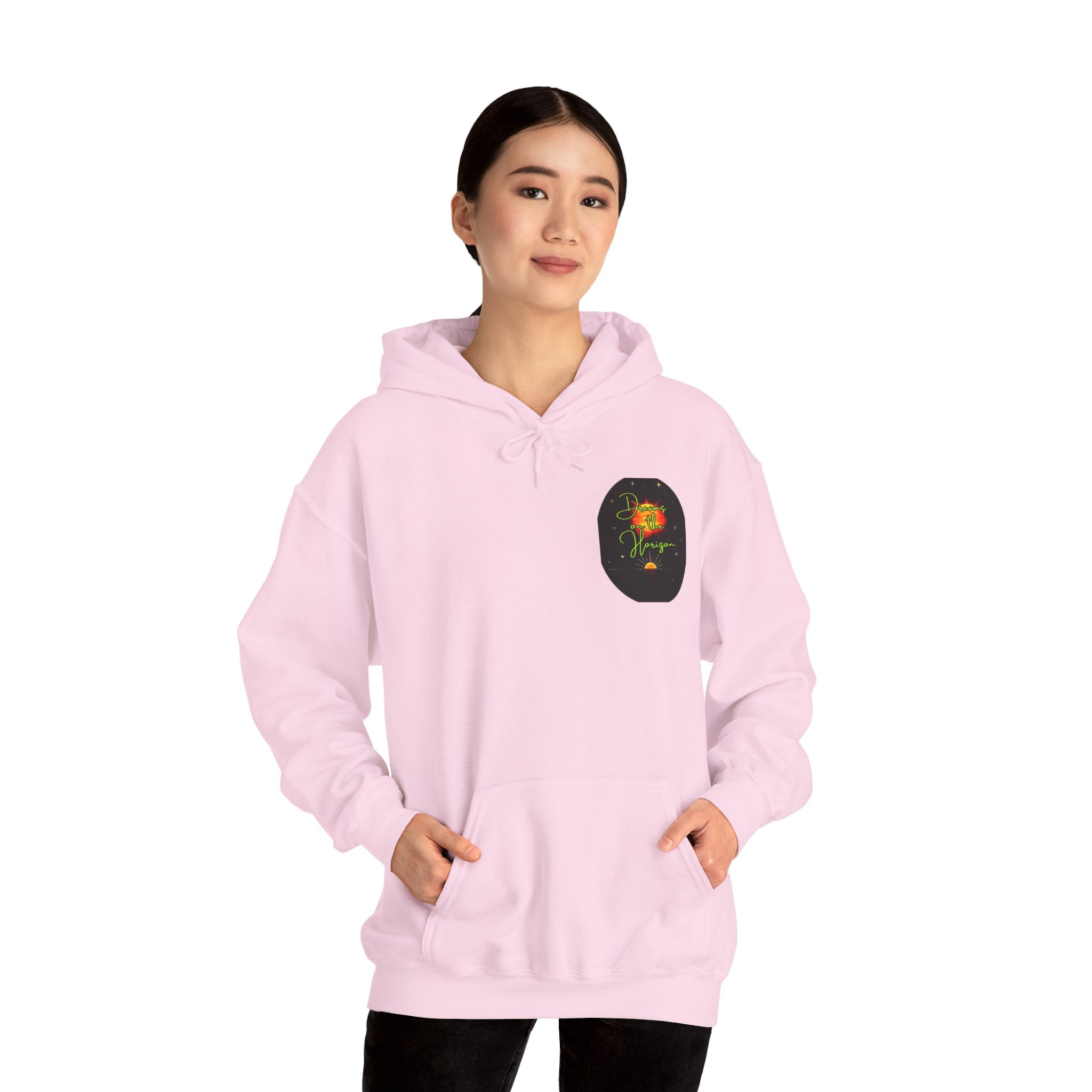 Dreams on the Horizon (Lemongrass) Sunrise Back Print Hooded Sweatshirt, Inspirational and Motivational Apparel, Gift for Dreamers, Creative Expression Wear