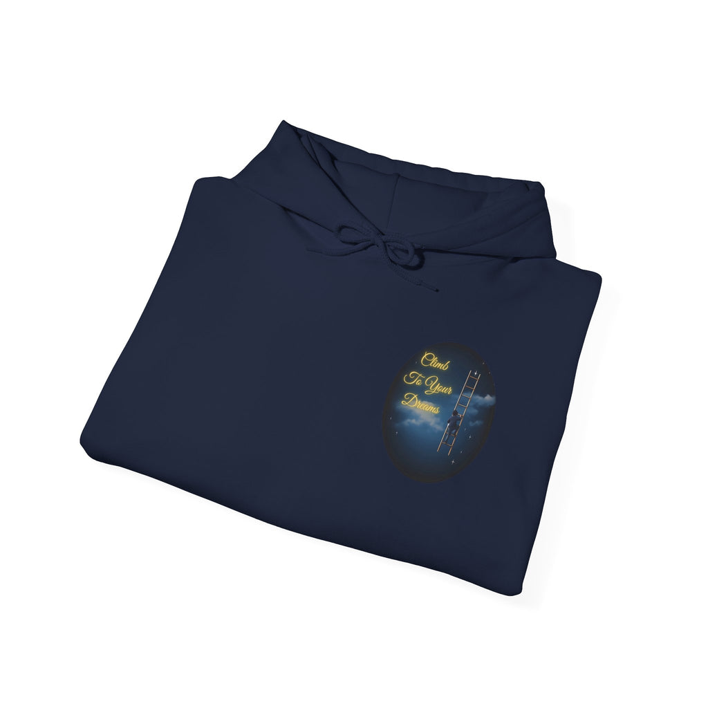Climb To Your Dreams – Starry Night Ladder-to-Moon Back-Print Hoodie + Front Badge | Gildan 18500, Inspirational and Motivational Apparel, Gift for Dreamers, Creative Expression Wear