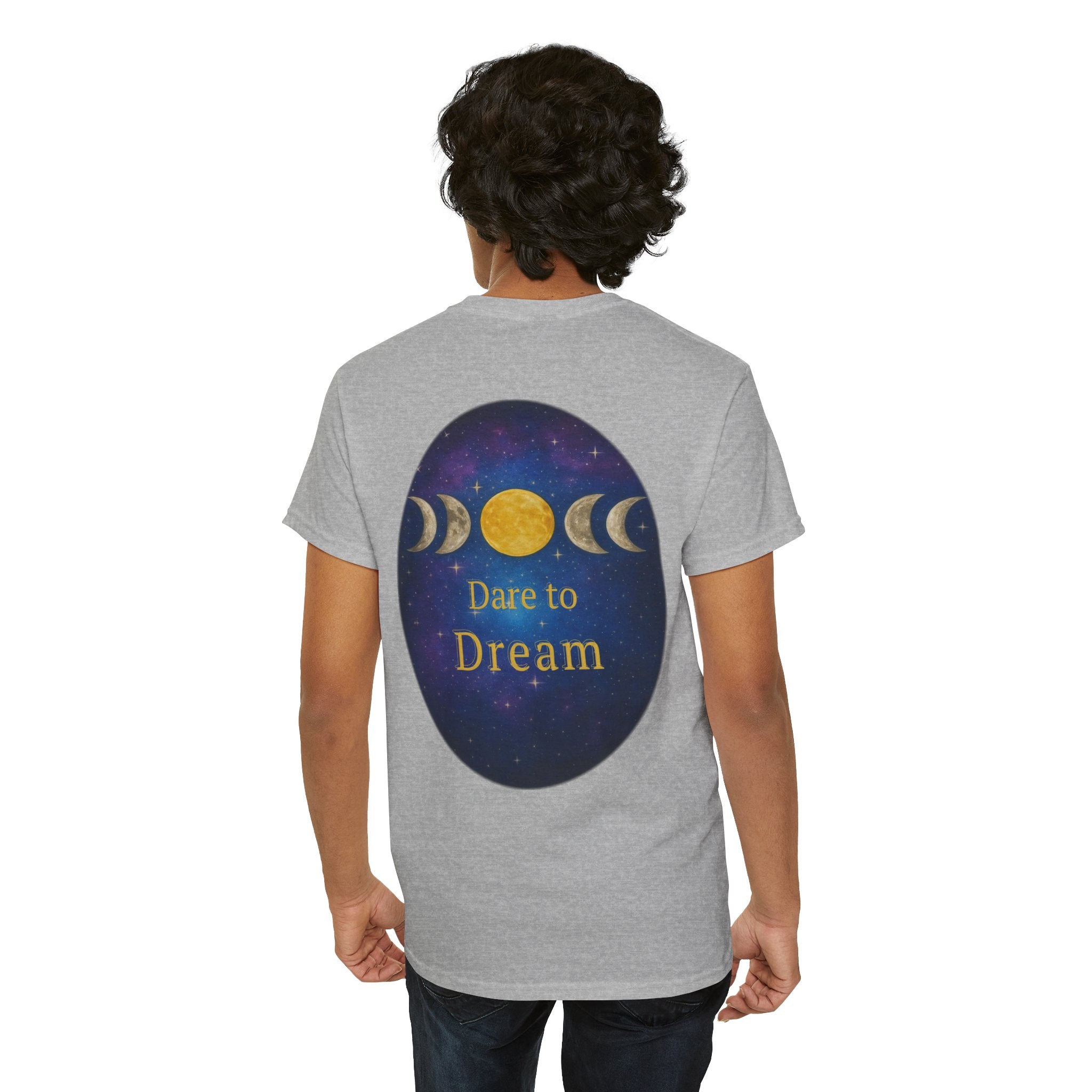 Dare to Dream Moon-Phase Tee – Golden Full Moon Back Print + Front Badge | Gildan 5000 Heavy Cotton, Inspirational and Motivational Apparel, Gift for Dreamers, Creative Expression Wear