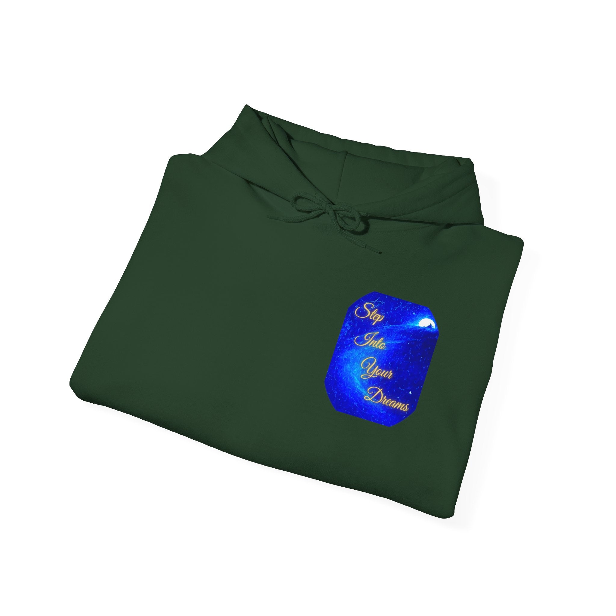 Step Into Your Dreams – Cosmic Gateway Back-print Hoodie | Tiny front badge | Gildan Heavy Blend™. Inspirational and Motivational Apparel, Gift for Dreamers, Creative Expression