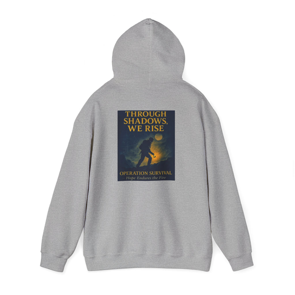 Through Shadows, We Rise – Back-print Cinematic Artwork Operation Survival Hoodie  | Gildan Heavy Blend™ 18500 — Inspirational and Motivational Apparel, Gift for Dreamers, Creative Expression Wear